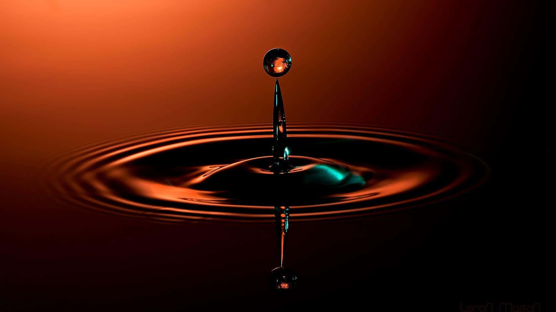 Water Droplet 桌布 壁紙 — 一滴完美懸浮在黑暗表面上方的水滴，在溫暖的橙色燈光下產生同心漣漪。