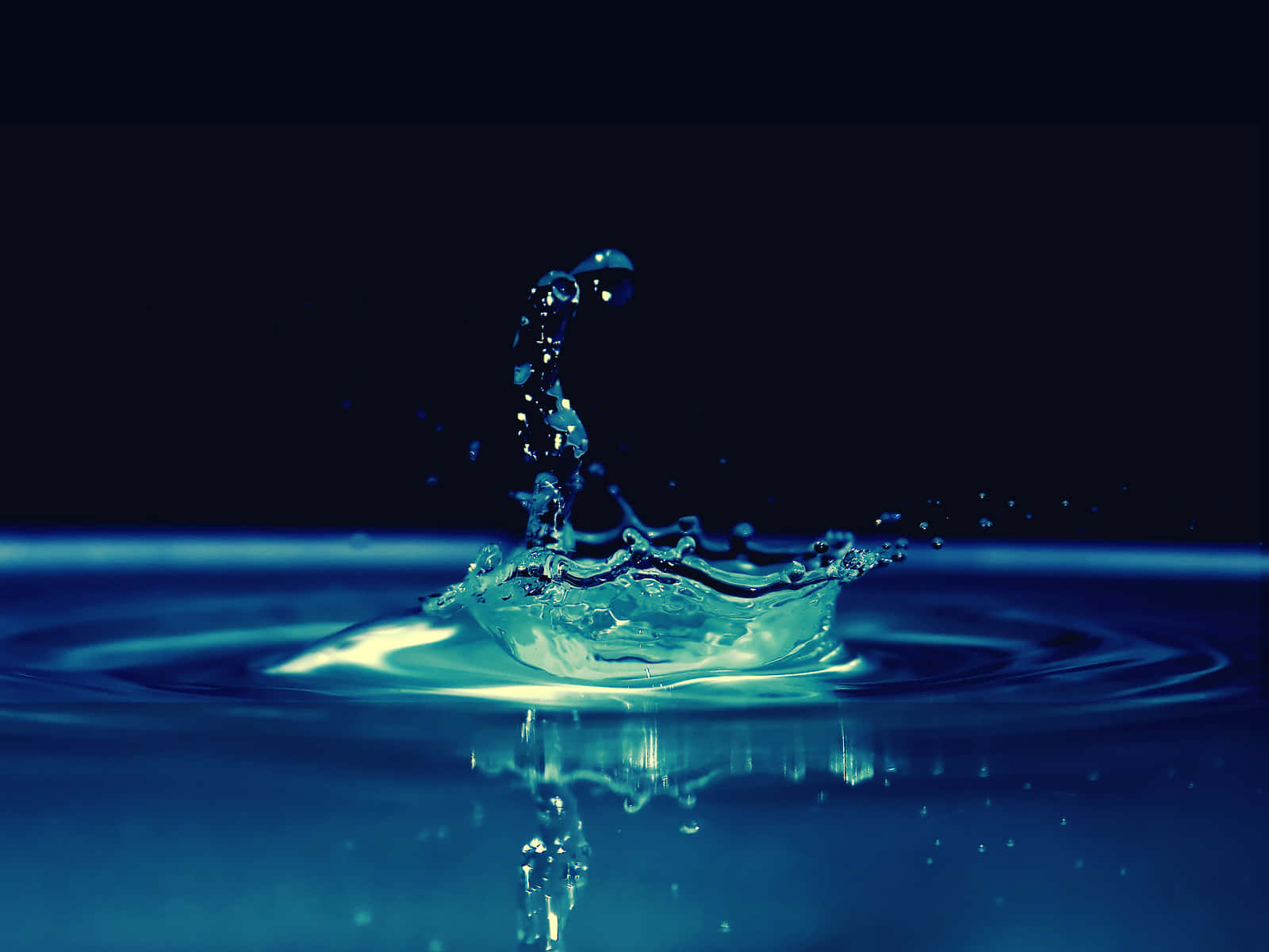水 桌布 壁紙 — 一滴水在深藍色表面上碎裂，在戲劇性的燈光下形成皇冠形水花和同心漣漪。