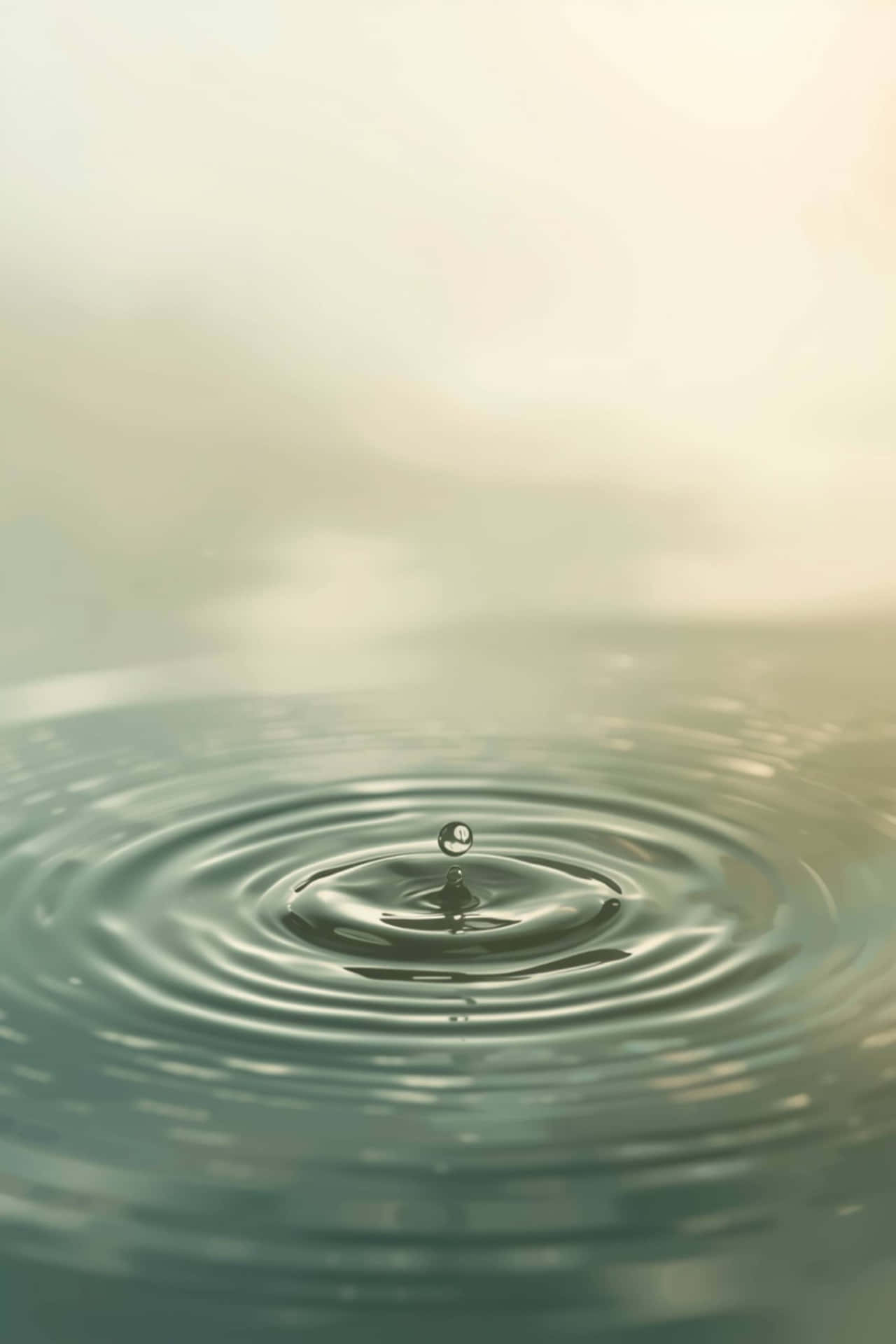 Minimal Water Ripple with Soft Light and Calm Atmosphere 壁紙 — 一滴水懸浮在平靜的水面上，在柔和的金色光線下形成完美的同心漣漪。