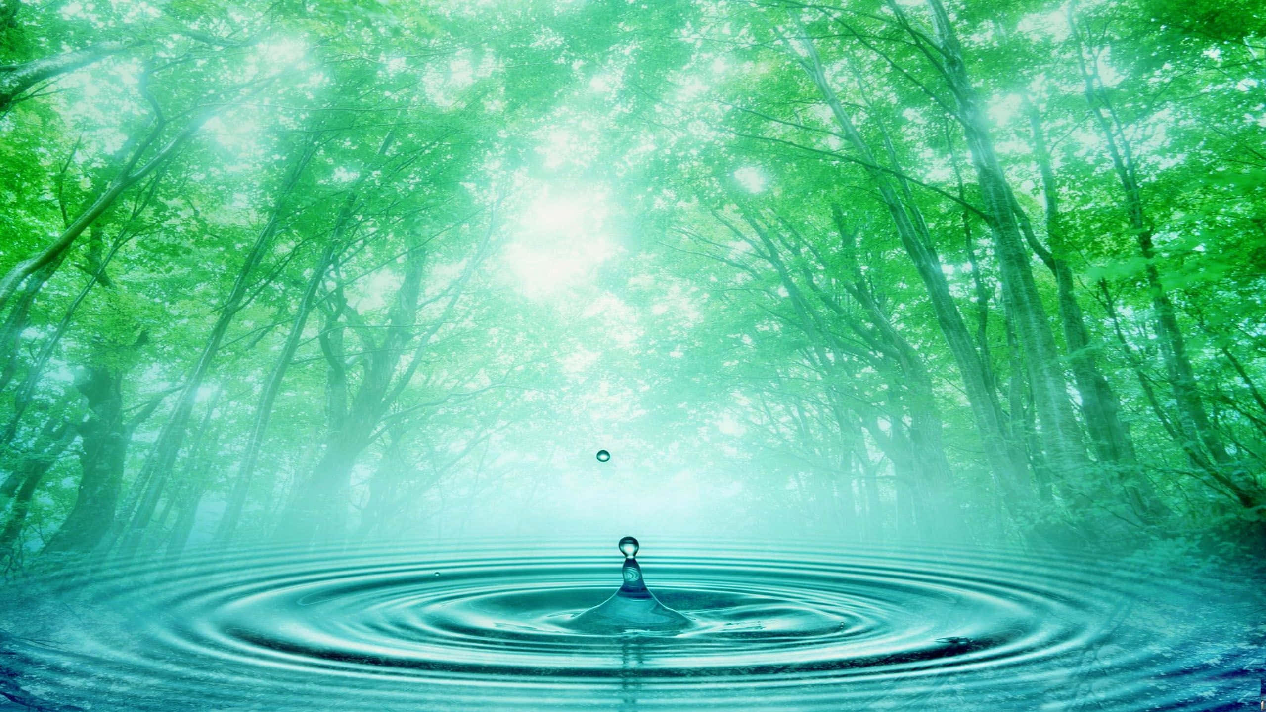 Spring Water 桌布 壁紙 — 一滴水珠濺入寧靜的森林池塘，在斑駁的綠光下形成同心漣漪。