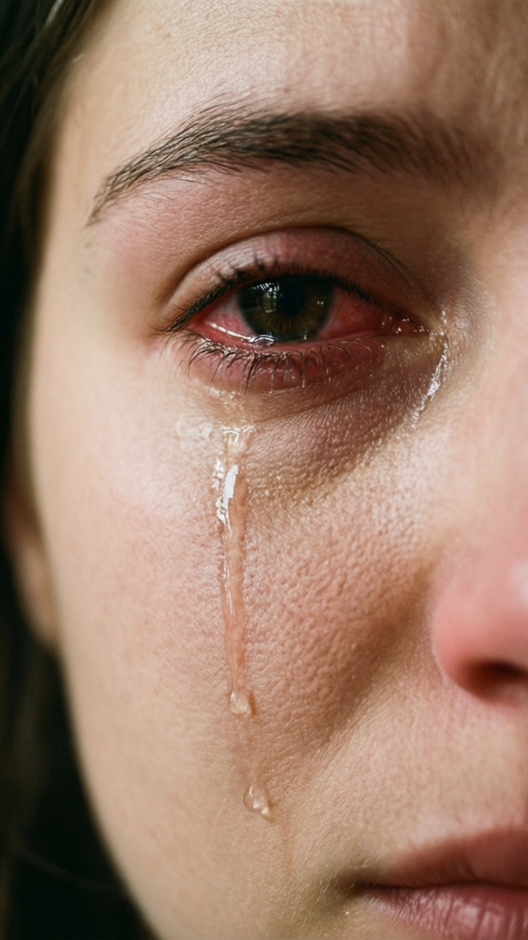一滴淚 壁紙 — 女性淚痕滿臉的特寫，一滴淚水順著臉頰滑落。