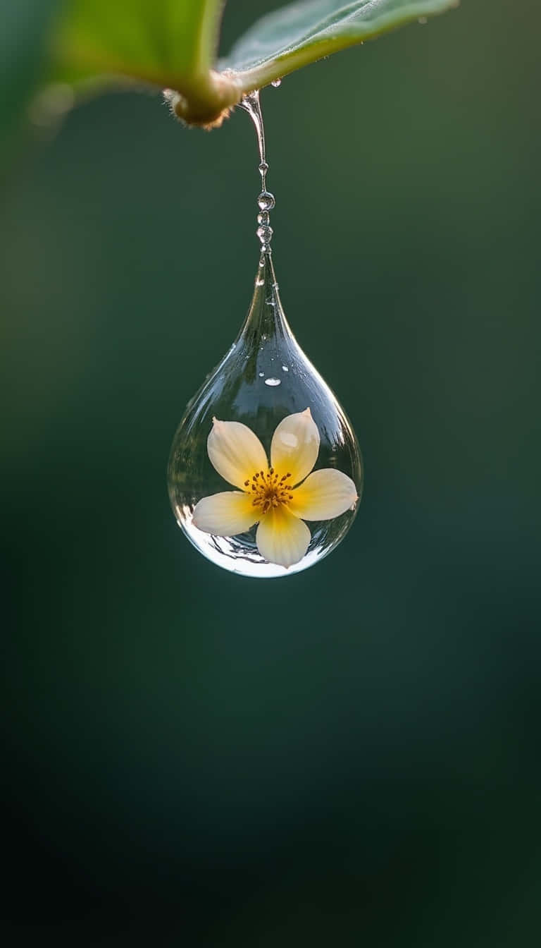 Flower 壁紙 — 一滴純淨的水珠懸掛在葉片上，完美地包裹著一朵精緻的黃色花朵，背景是柔和的綠色。