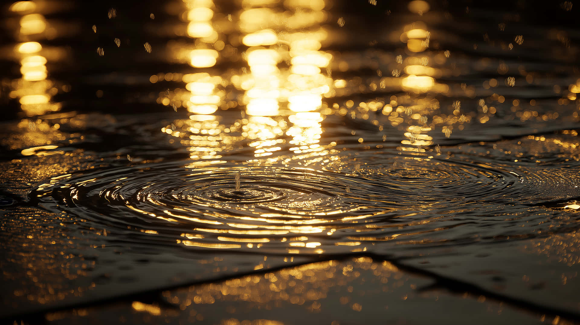 Rain Falling on Ground Creating Ripples and Golden Bokeh 壁紙 — 一滴雨在濕漉漉的人行道上形成同心漣漪，反射出金色的陽光。