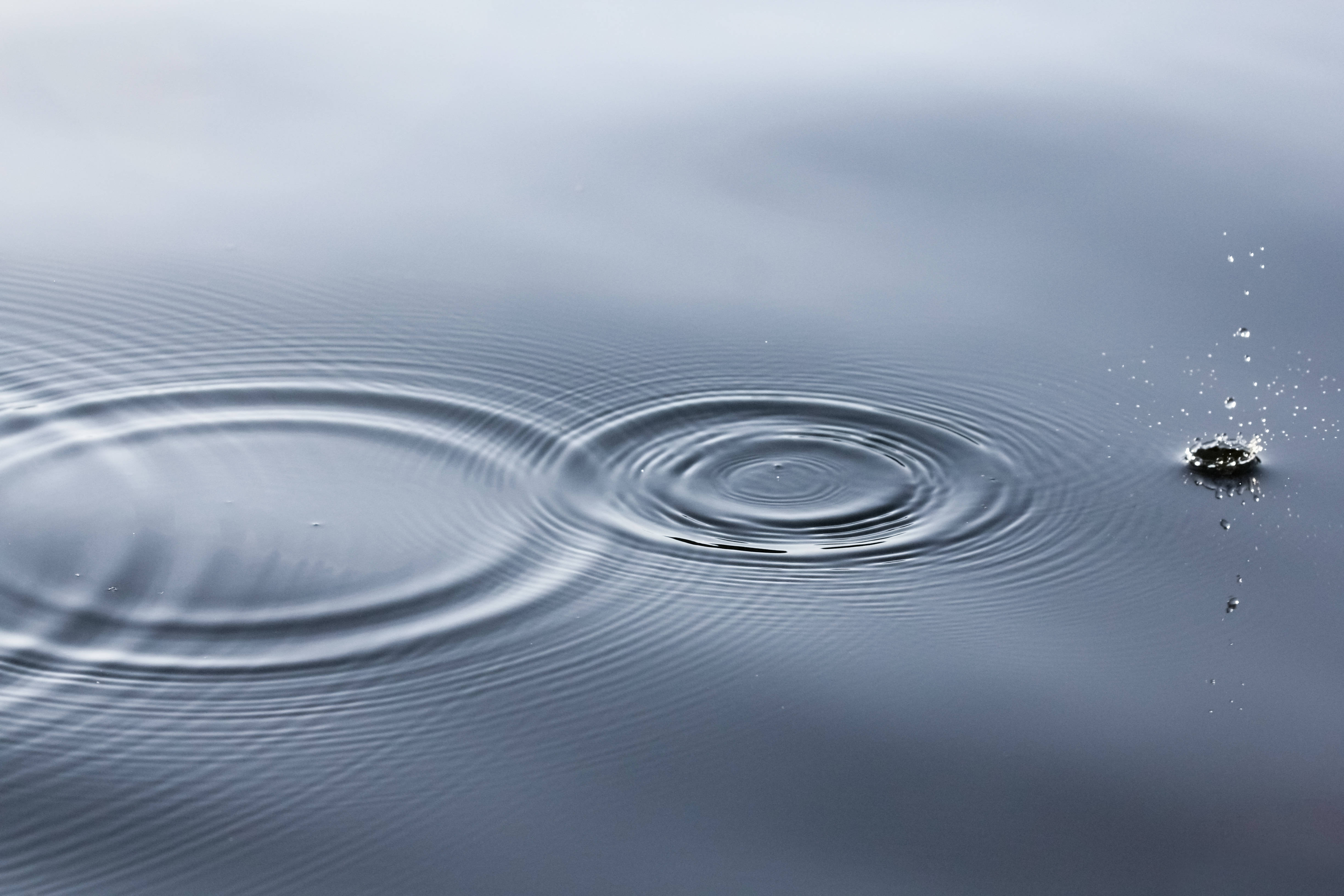 水 桌布 壁紙 — 一滴雨滴在平靜的灰色水面上形成同心圓漣漪，帶有柔和的光線反射。