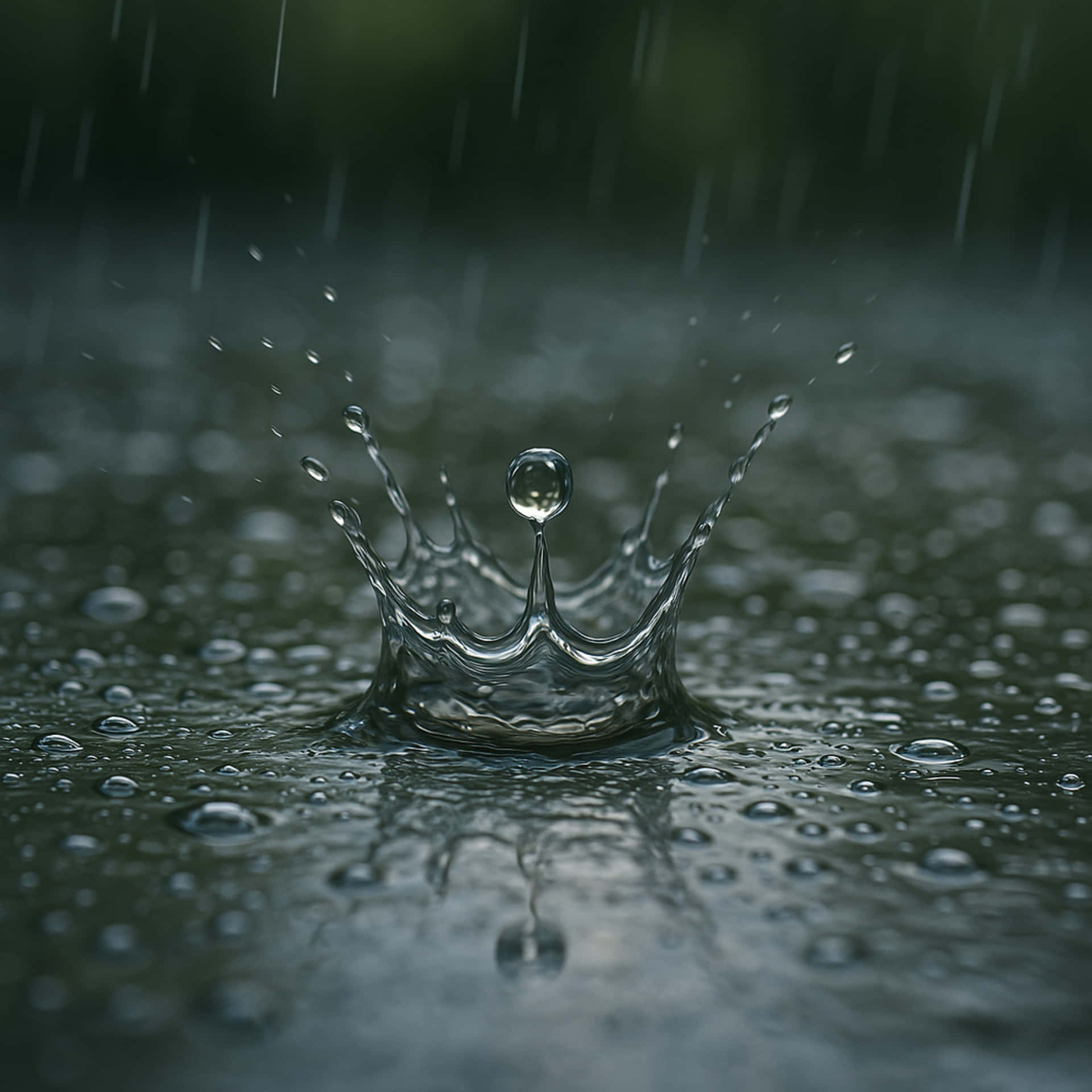 Drop of water falling on the floor 壁紙 — 一滴雨滴在潮濕表面上形成完美的皇冠水花，背景為模糊的綠色。