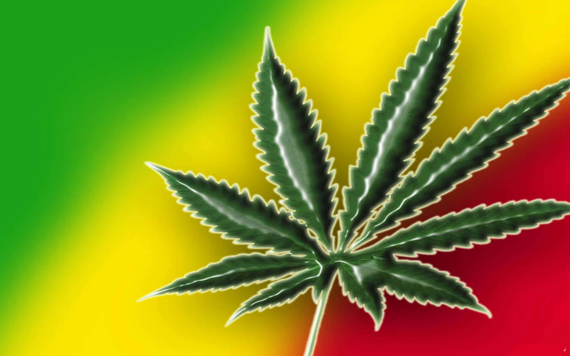迷幻 桌布 壁紙 — 一片充滿活力的大麻葉，帶有發光的白色葉脈，在綠色、黃色和紅色的漸變背景上脫穎而出。