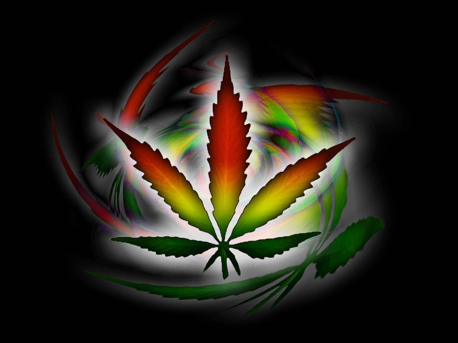 Rick And Morty Weed 桌布 壁紙 — 一片充滿活力的大麻葉在旋轉的黑暗背景上散發出彩虹色調。