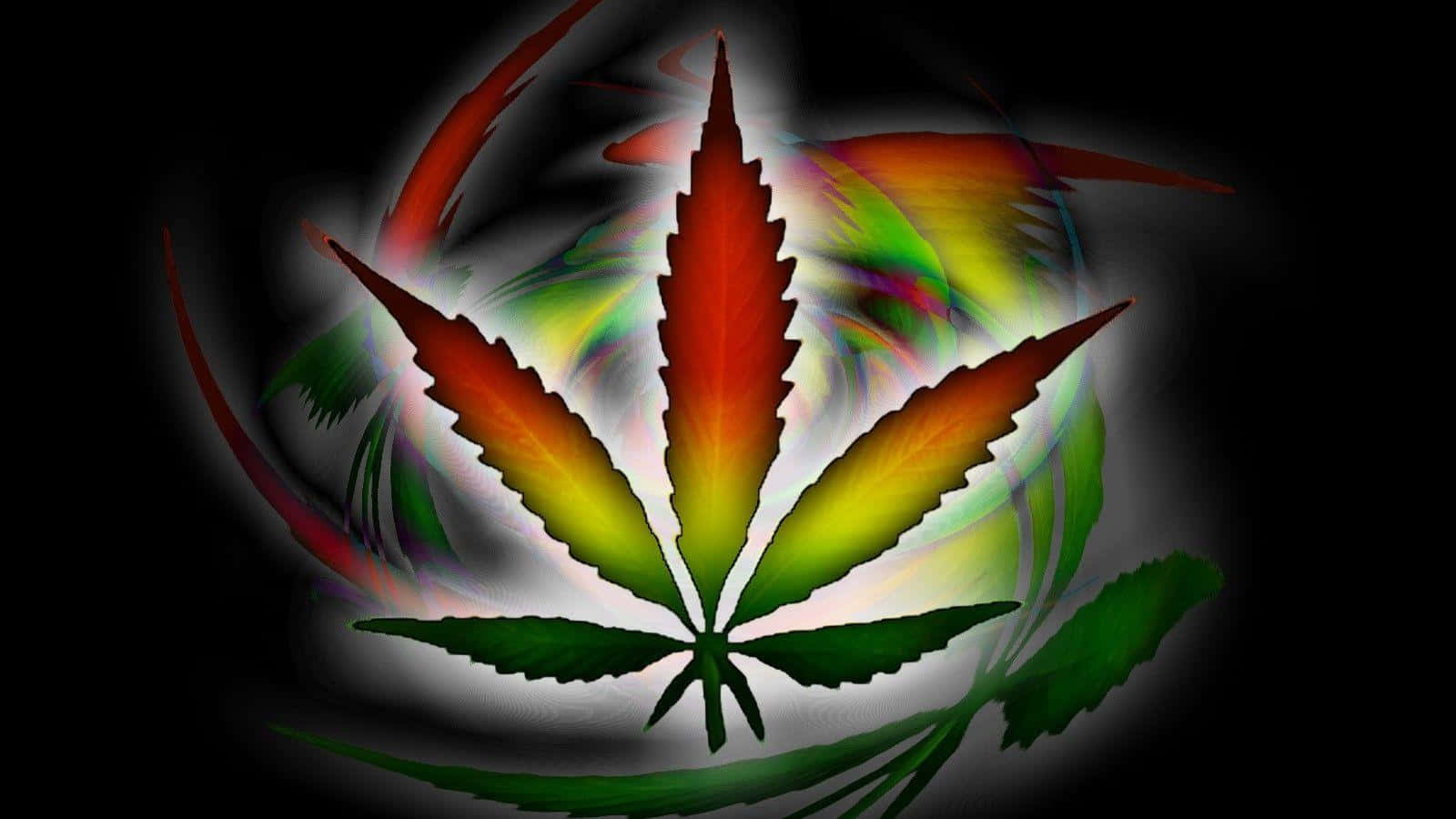 420 桌布 壁紙 — 一片充滿活力的彩虹大麻葉在旋轉的黑暗背景中散發出發光的能量痕跡。