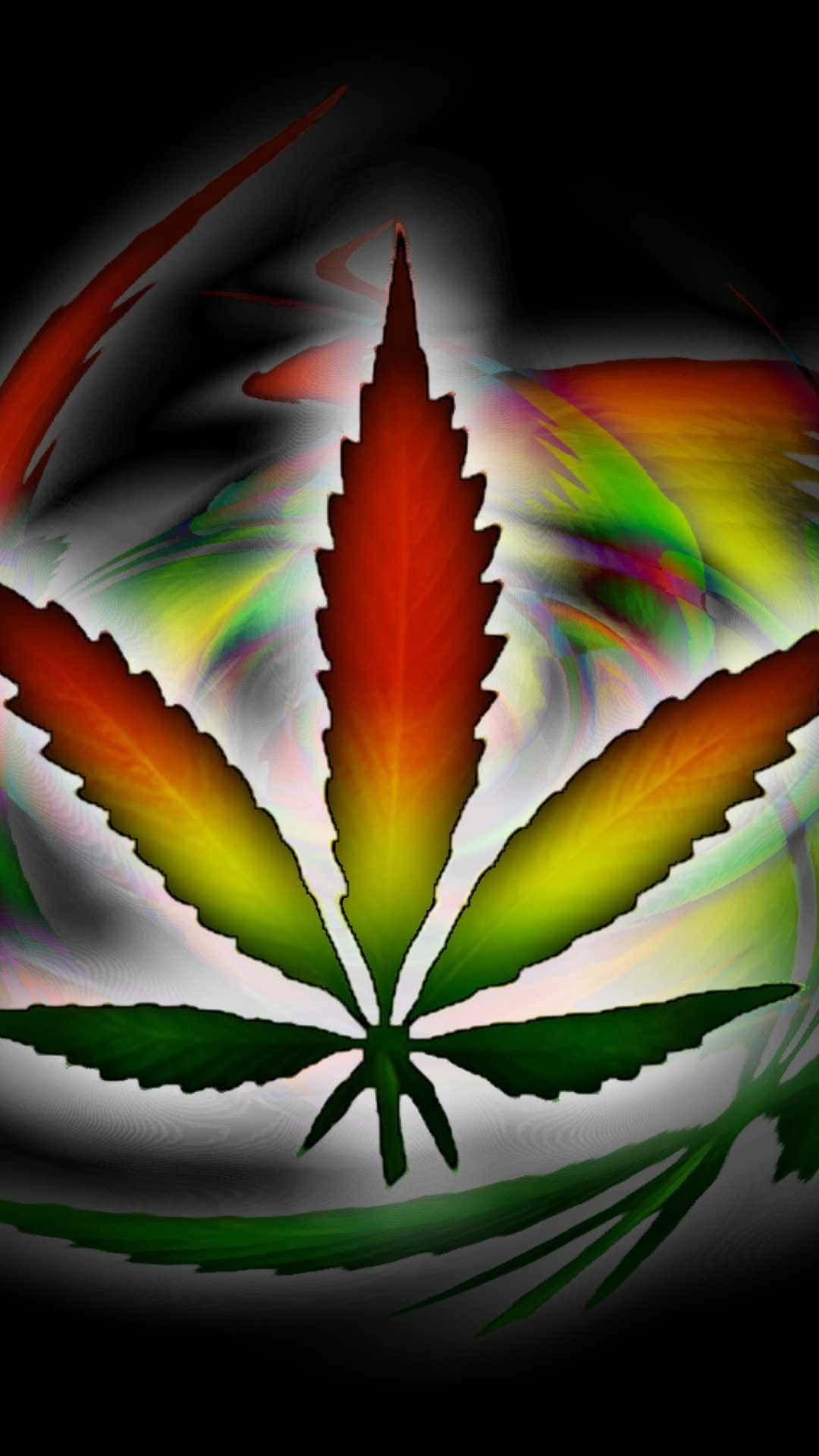 chill stoner 桌布 壁紙 — 一片充滿活力的彩虹色大麻葉在旋轉的黑暗背景中散發著發光的條紋。
