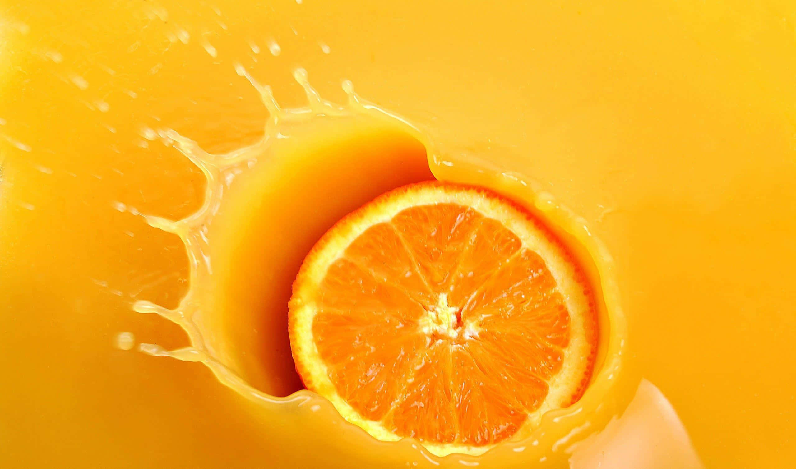 Orange Fruit 桌布 壁紙 — 一片充滿活力的橙片在金色背景下衝破果汁飛濺。