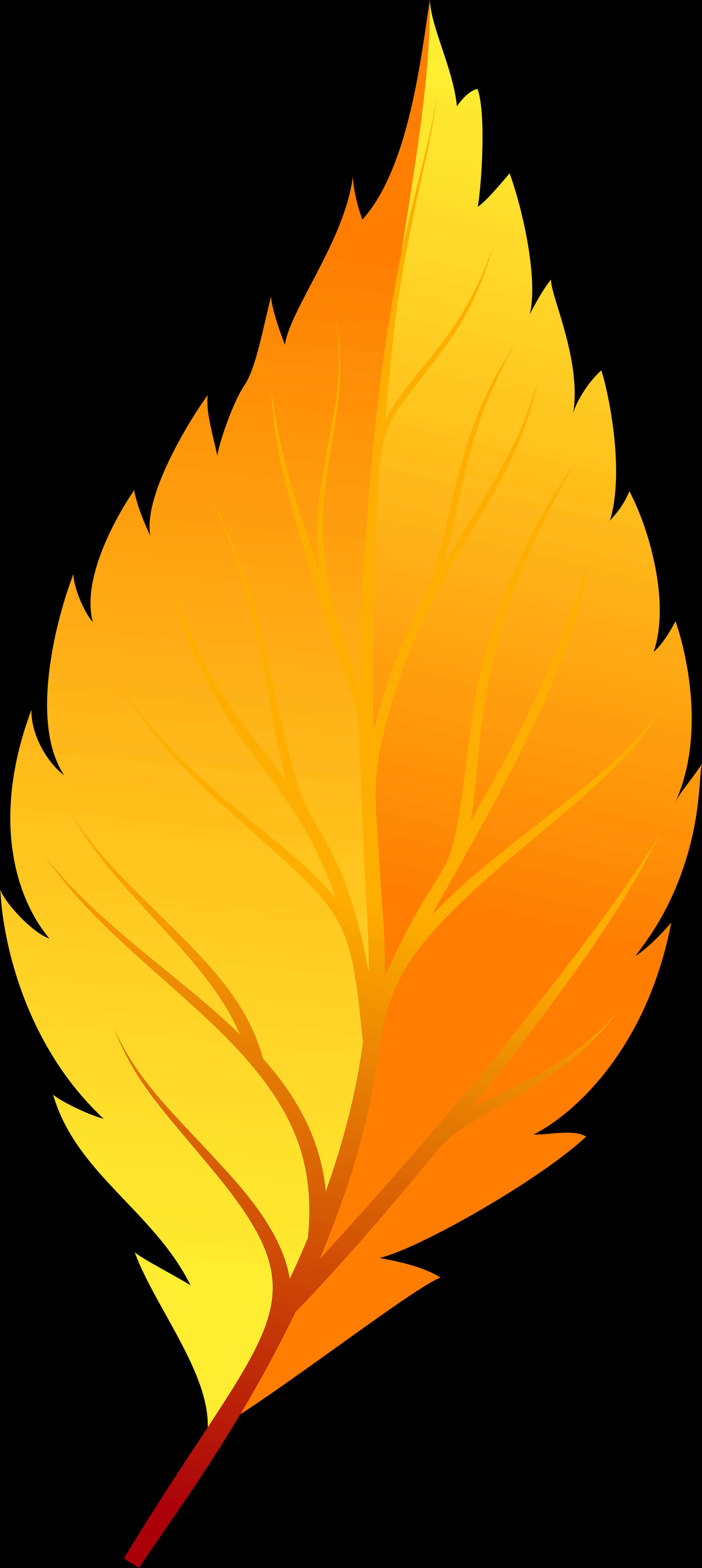 Fall Leaf 桌布 壁紙 — 一片充滿活力的秋葉，帶有火熱的橙色和黃色色調，襯托在純黑色背景上。