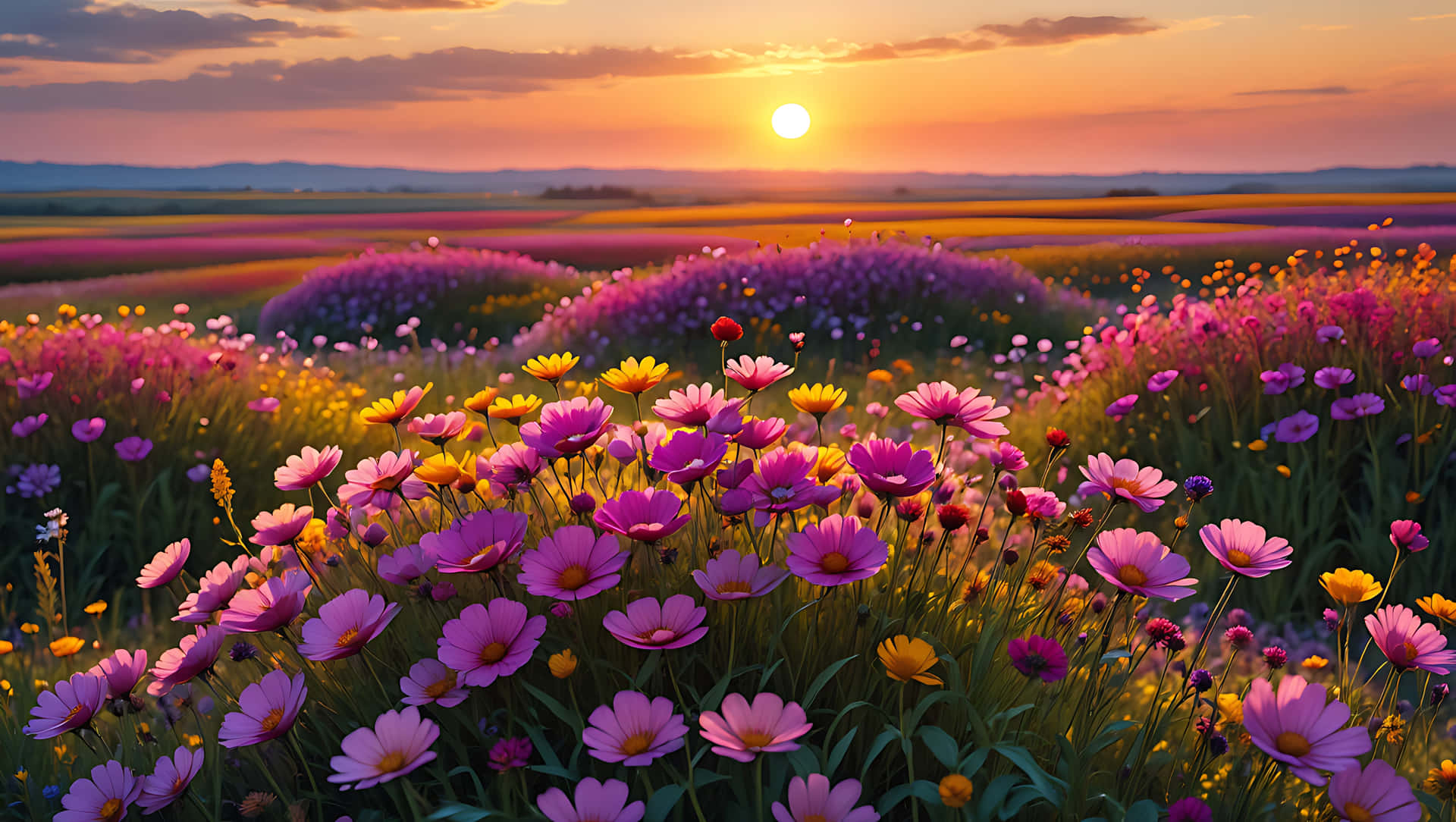 Vibrant wildflower field at sunset with pink and yellow cosmos flowers 壁紙 — 一片充滿活力的粉紅色和黃色花朵在溫暖的日落天空下搖曳，伴隨著柔和的橙色雲彩。