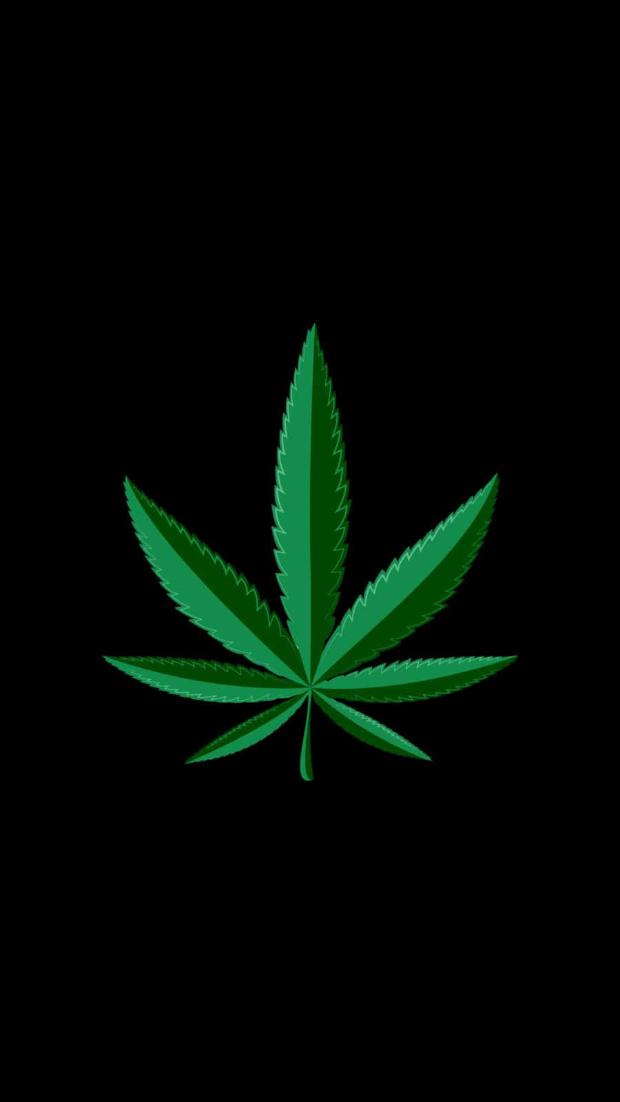 葉子 桌布 壁紙 — 一片充滿活力的綠色大麻葉，置於純黑色背景中央，邊緣鋒利呈鋸齒狀。
