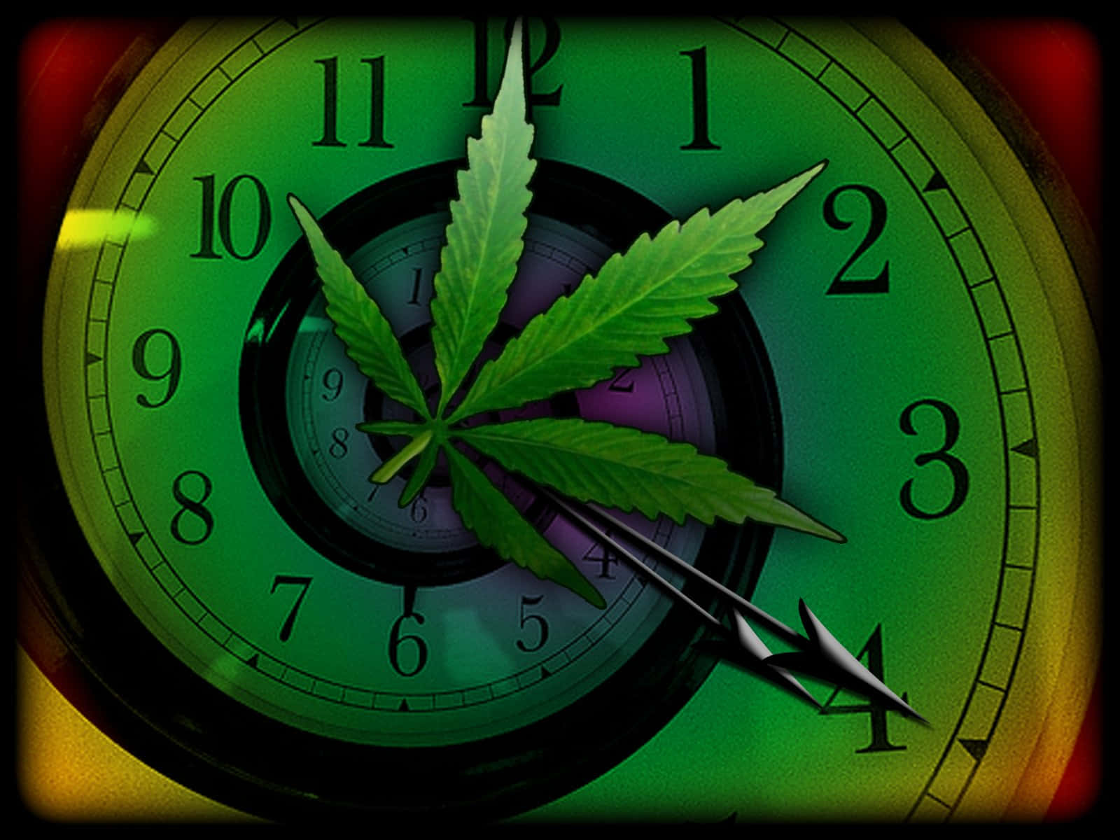 420 桌布 壁紙 — 一片充滿活力的綠色大麻葉覆蓋在發光的時鐘面上，帶有彩虹漸變邊緣和粗體黑色數字。