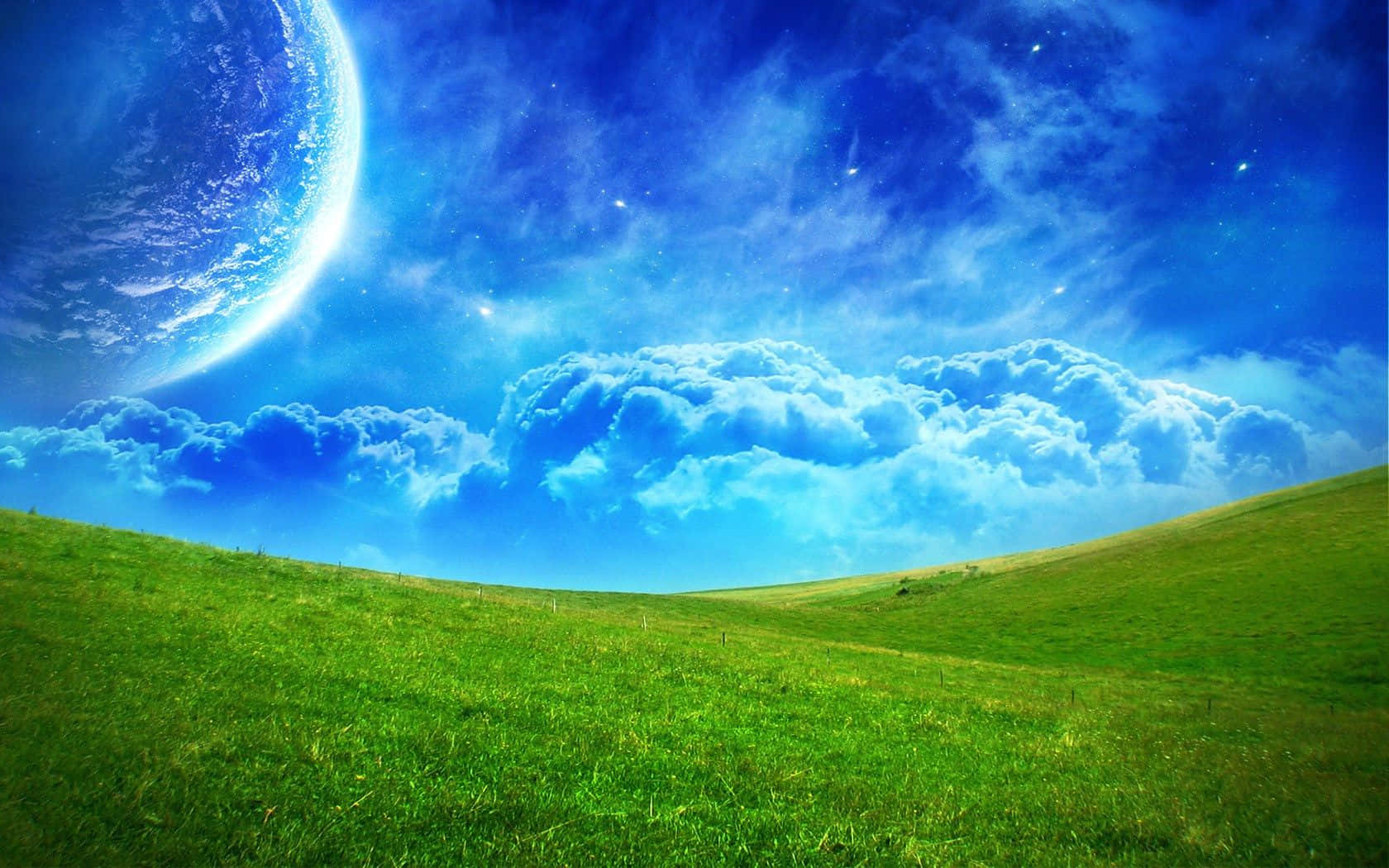 dreamy 桌布 壁紙 — 一片充滿活力的綠色山坡在廣闊的藍天下延伸，天空中有蓬鬆的雲朵和一個發光的彎月地球懸掛在天際。
