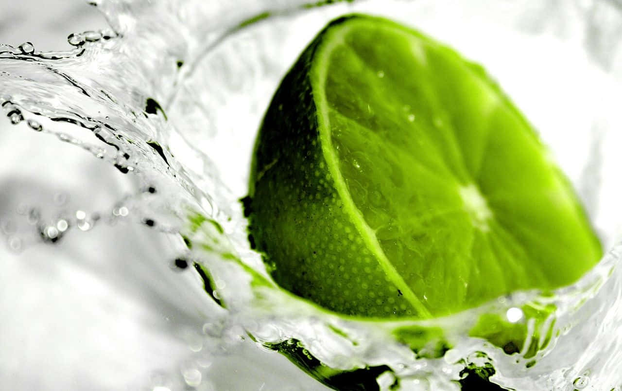 Lime 桌布 壁紙 — 一片充滿活力的綠色萊姆片穿過清澈的水，在明亮的白色背景上產生動態的水花和飛濺的水滴。