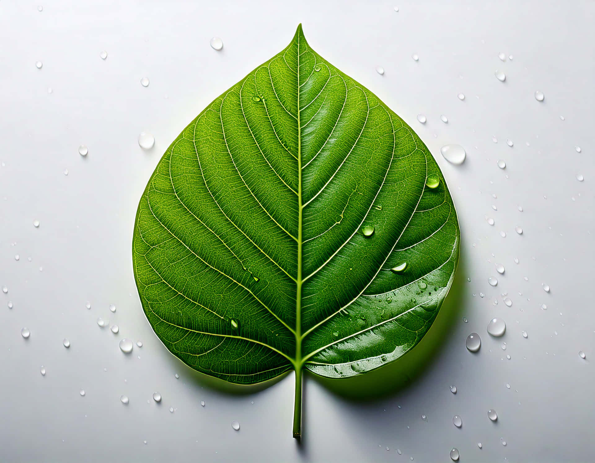 Green Leaf 壁紙 — 一片充滿活力的綠葉，帶有複雜的葉脈和閃閃發光的水珠，放在柔軟的白色表面上。