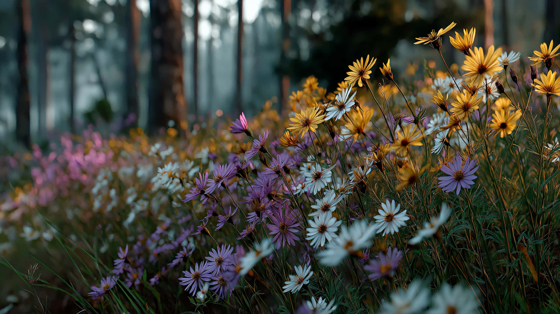Misty Forest Bloom 壁紙 — 一片充滿活力的黃、白、紫色野花草地，在霧氣繚繞的森林樹冠下，於柔和的晨光中綻放。