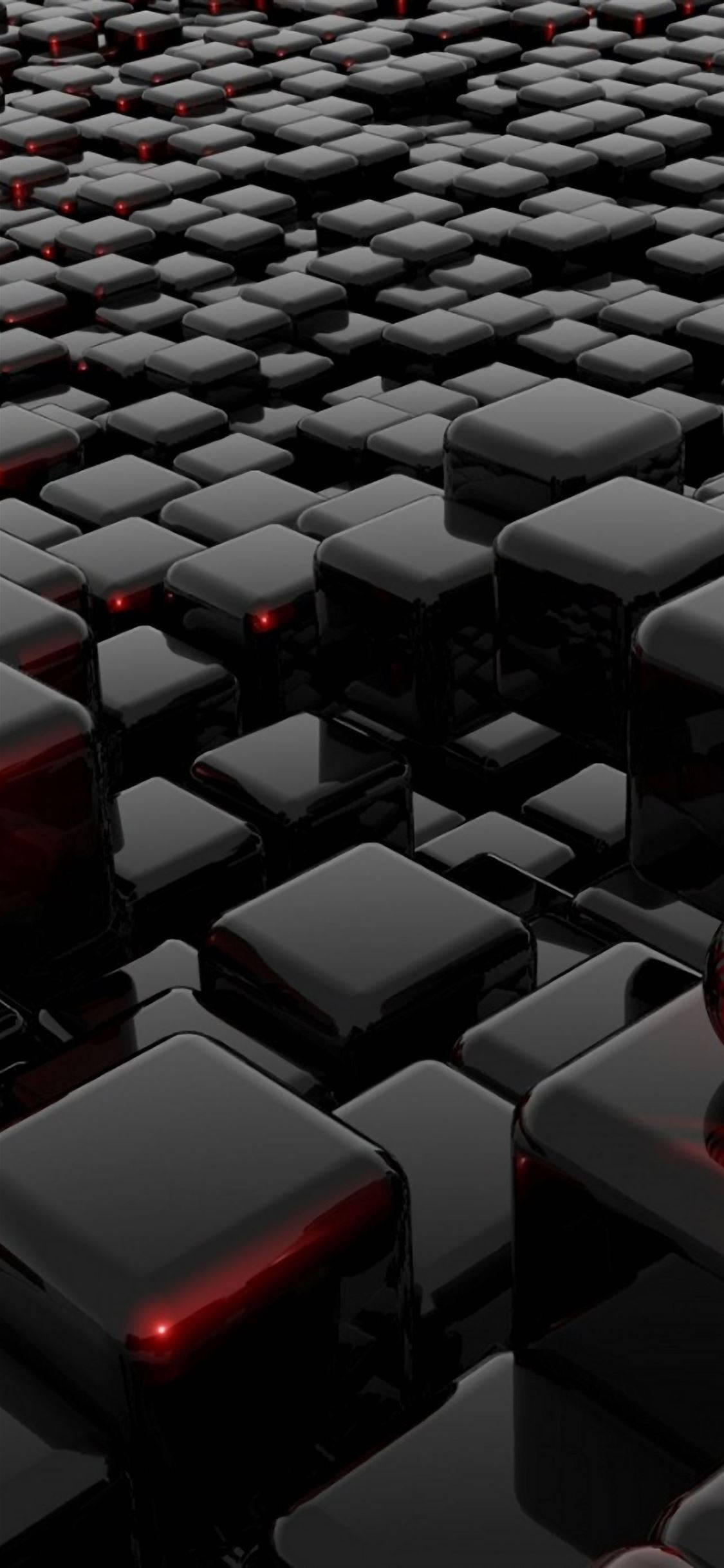 black apple iPhone 桌布 壁紙 — 一片光滑的黑色立方體，表面嵌有發光的紅燈，營造出未來感的數位景觀。