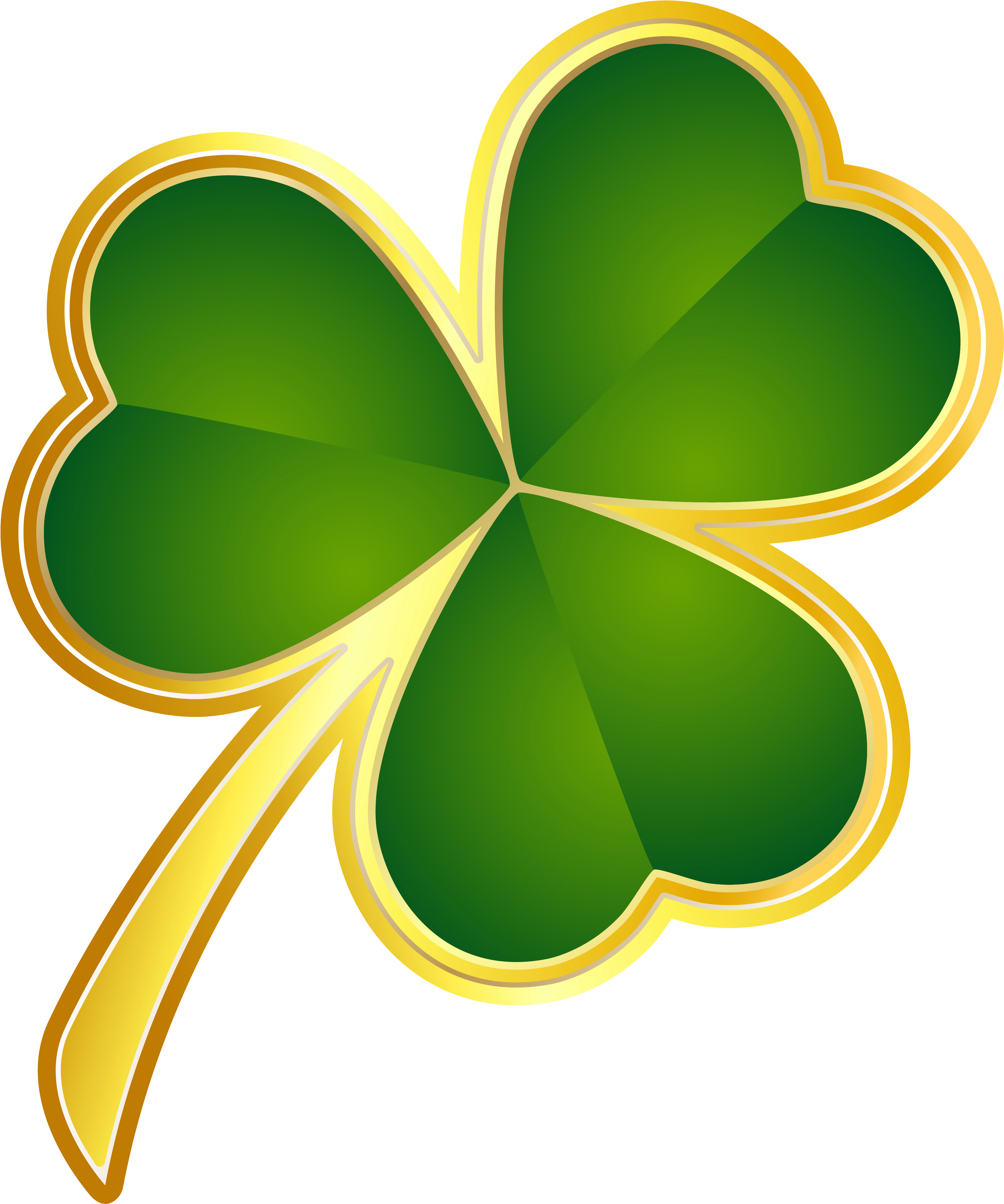 Saint Patricks Day 桌布 壁紙 — 一片光澤的綠色四葉草，帶有金色輪廓和莖，置於黑色背景上。