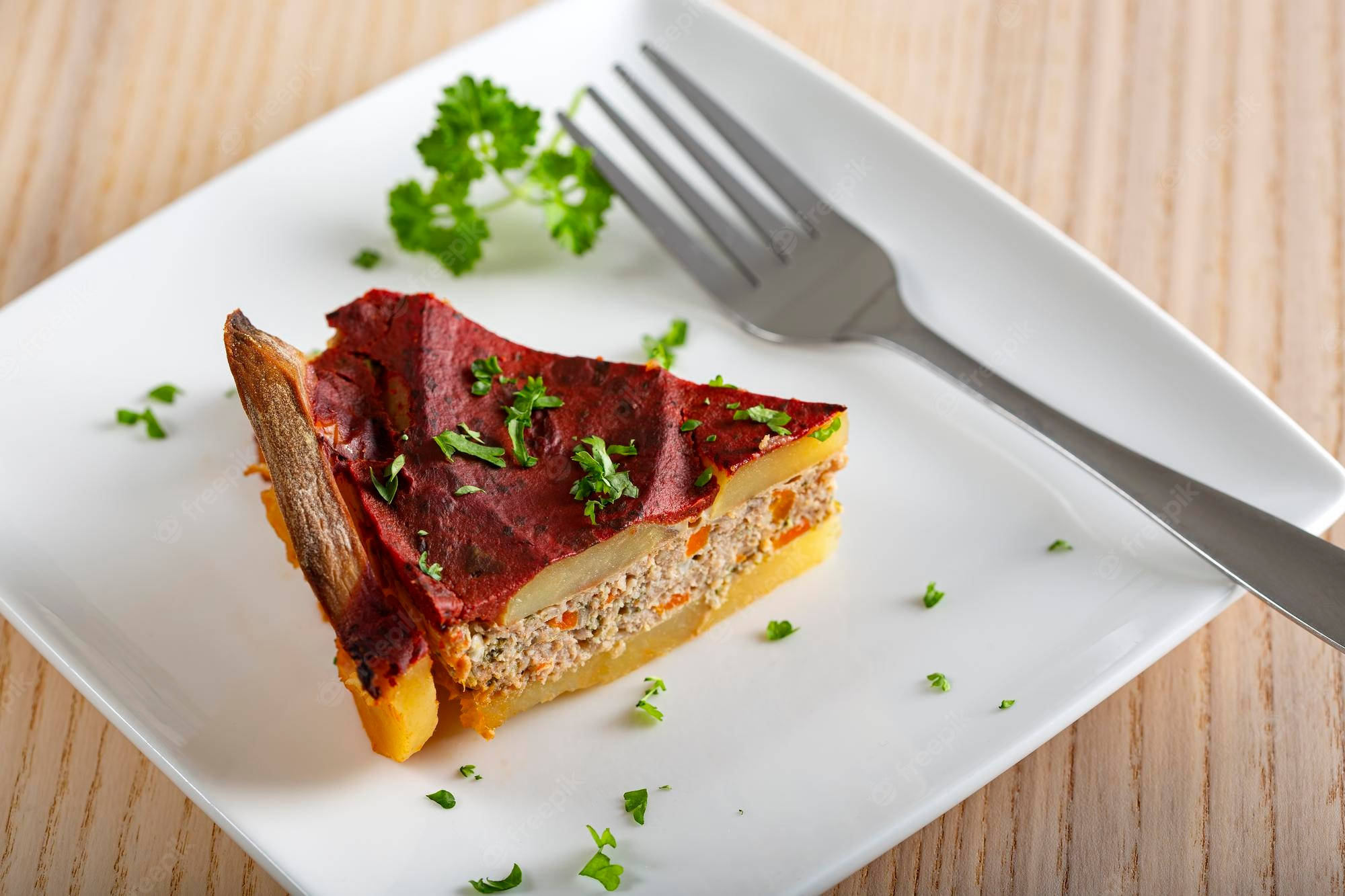 Food Photography 桌布 壁紙 — 一片分層甜菜根馬鈴薯料理，飾以歐芹，放在白色盤子上，附有叉子。