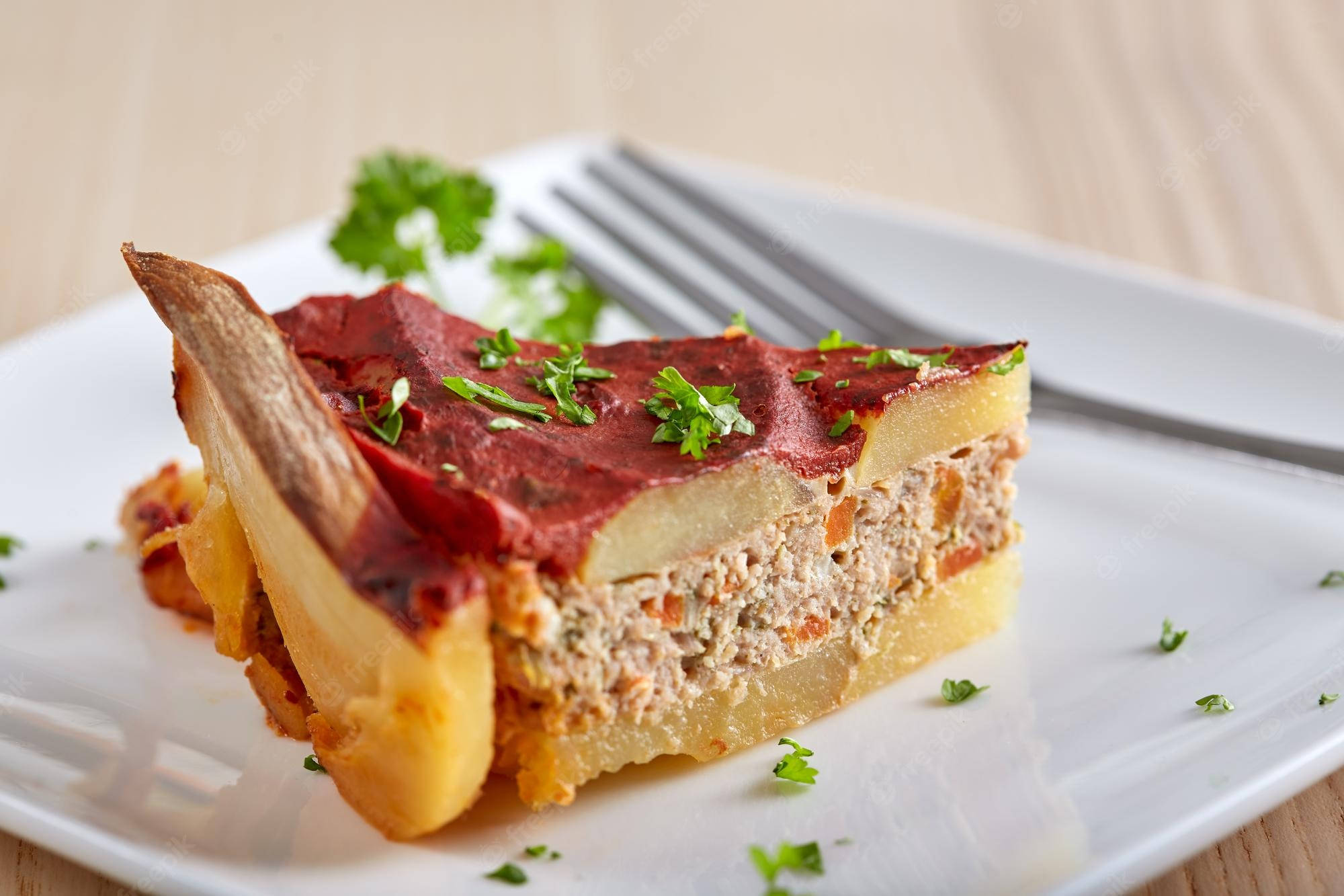 Food Photography 桌布 壁紙 — 一片分層肉餅砂鍋，搭配酥脆馬鈴薯外皮和紅醬，並以歐芹點綴，放在白色盤子上。
