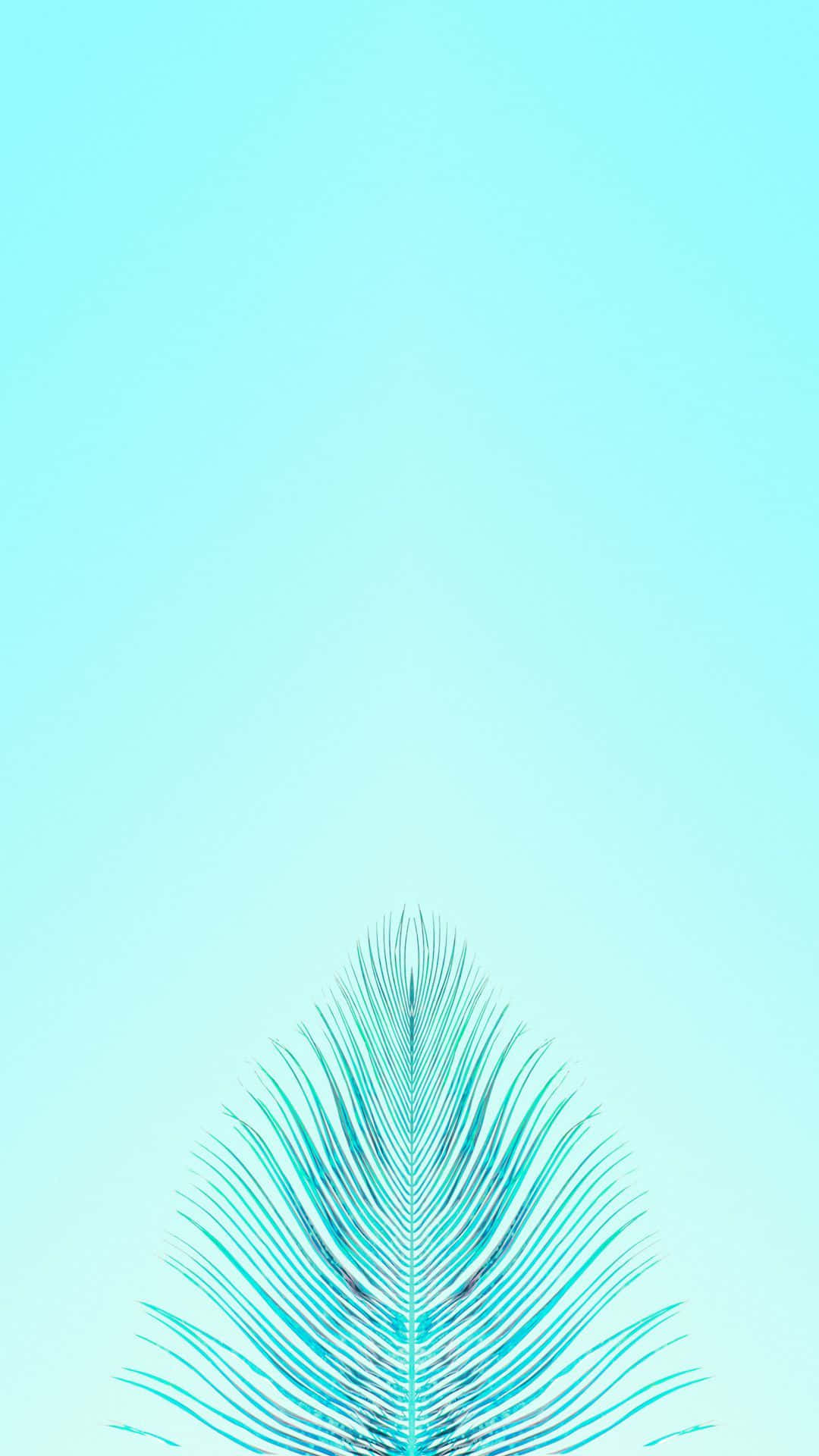 Turquoise iPhone 桌布 壁紙 — 一片單一的青綠色棕櫚葉從底部浮現，背景是柔和的漸變天藍色。