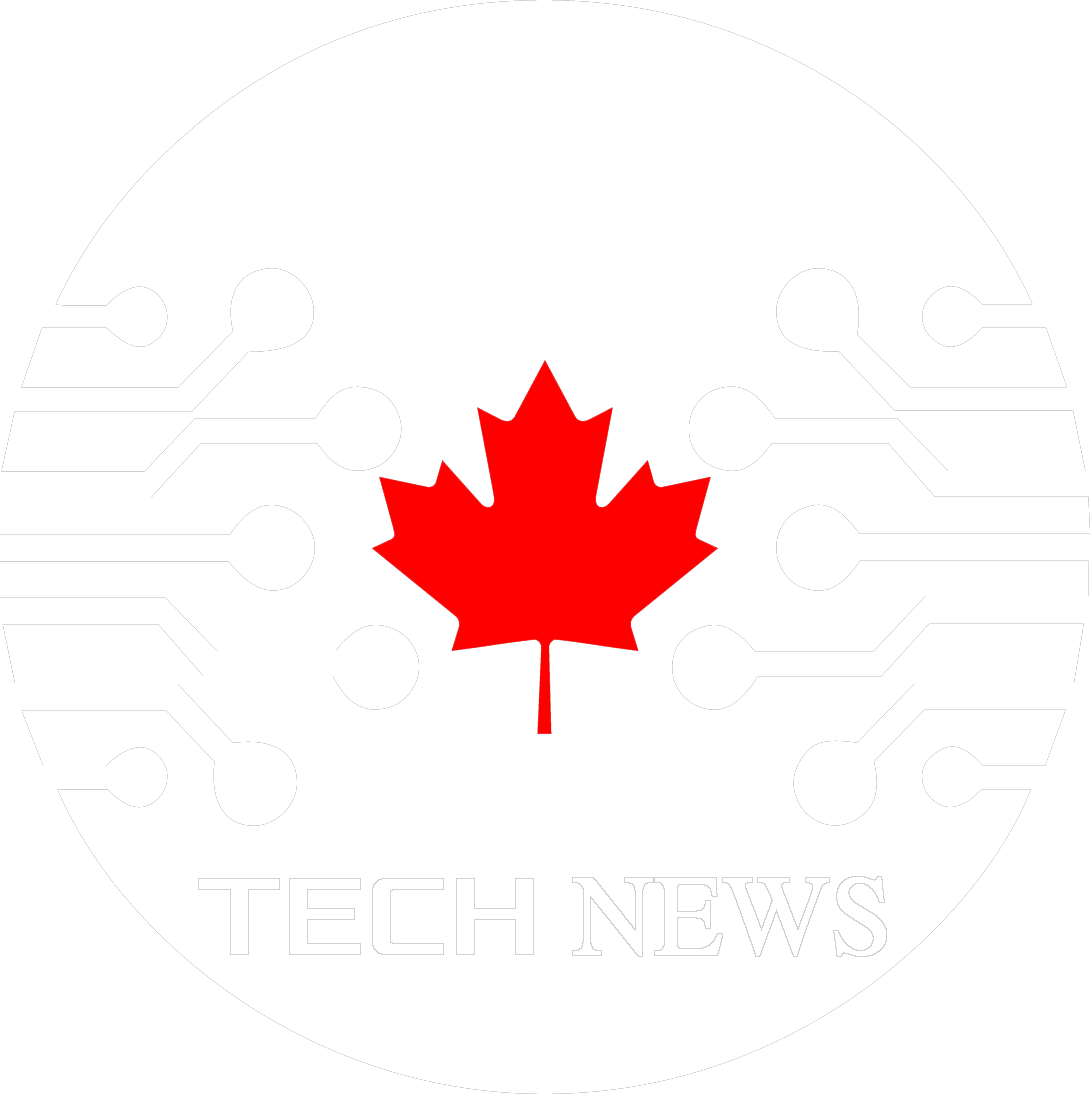 Canadian 桌布 壁紙 — 一片大膽的紅色楓葉居中在白色圓形電路板圖案上，下方有「TECH NEWS」文字。