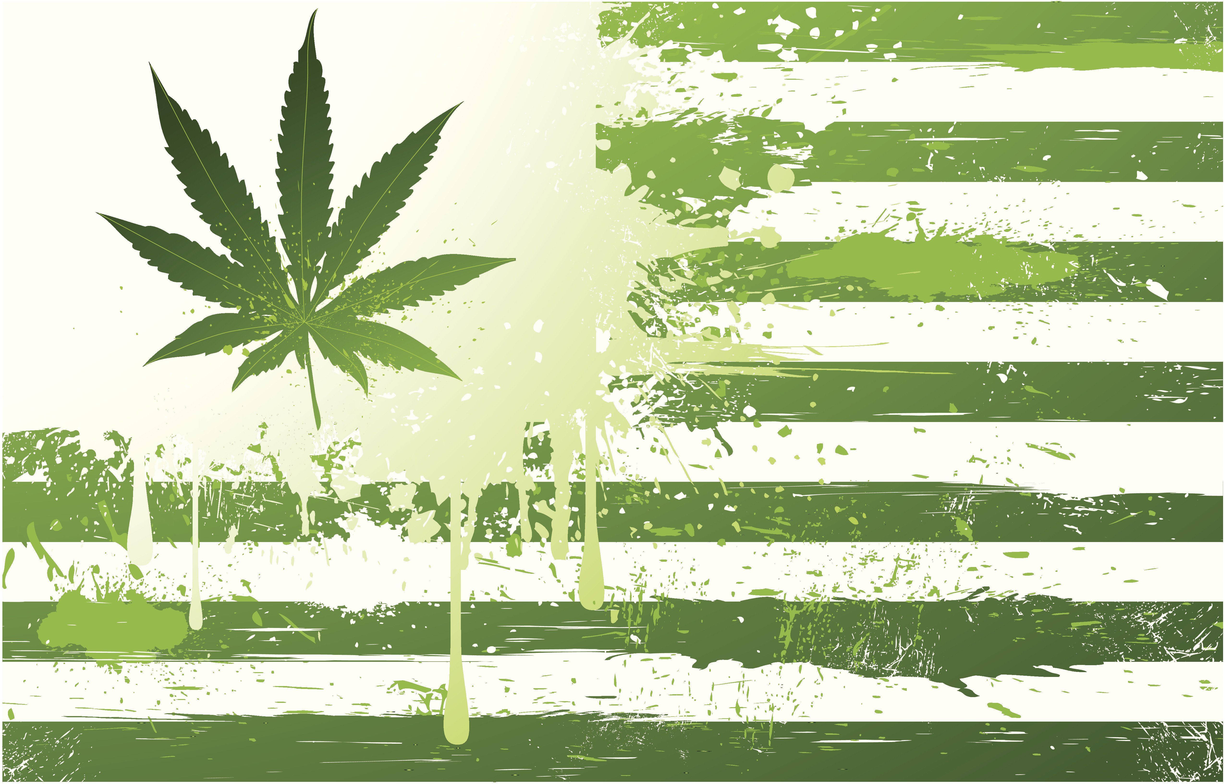 大麻 桌布 壁紙 — 一片大麻葉在帶有橫條紋的破損美國國旗上滴下綠色油漆。