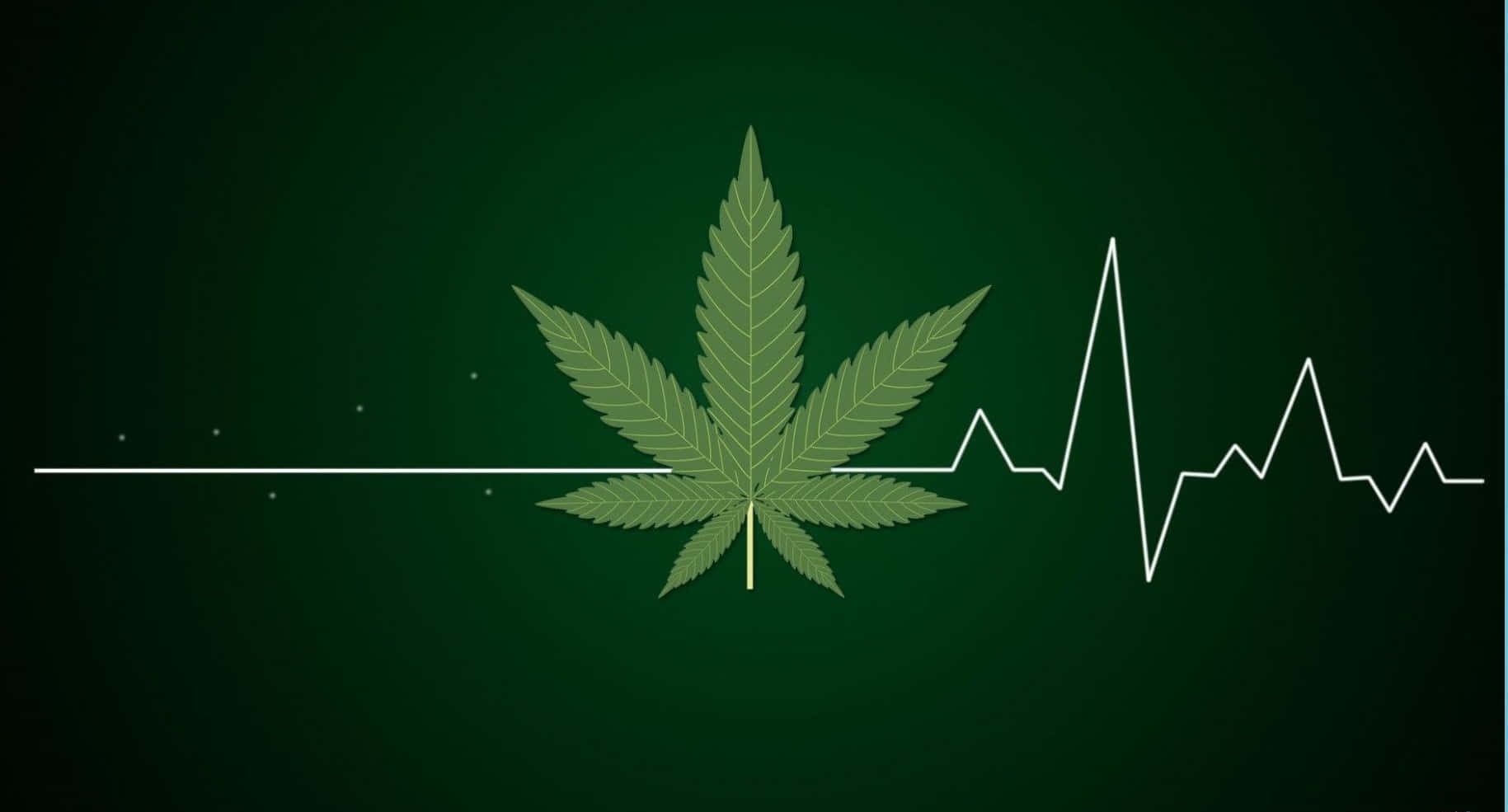 420 桌布 壁紙 — 一片大麻葉置於深綠色漸變背景上的白色心跳線中央。