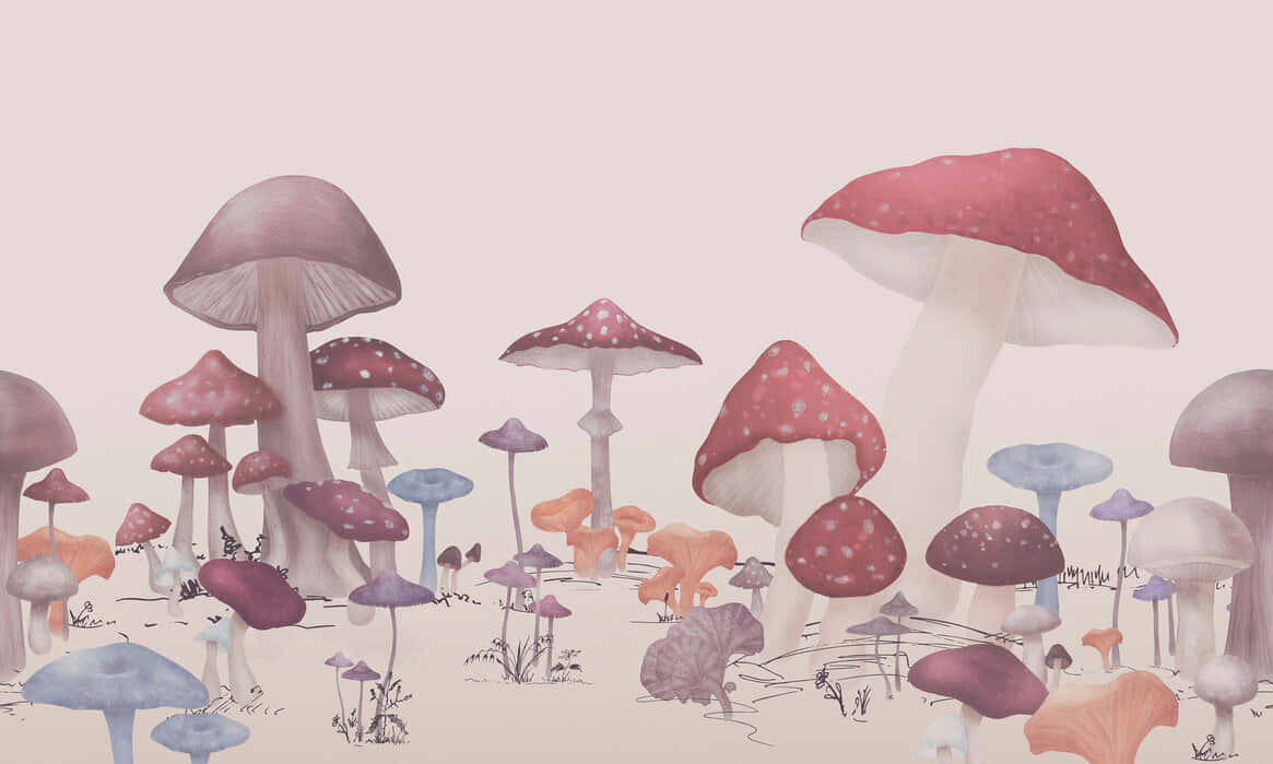 Mushroom Art 桌布 壁紙 — 一片奇幻森林，長滿超大型蘑菇，柔和粉彩色調，帶有細膩水彩紋理。