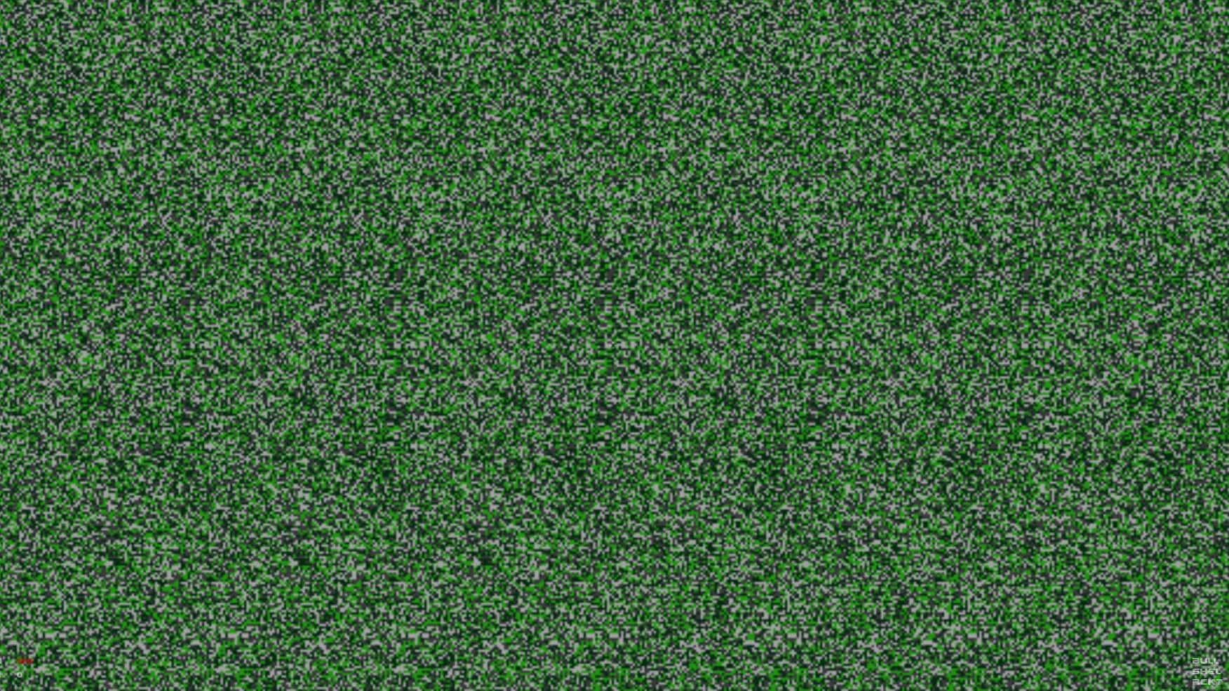 Magic Eye 桌布 壁紙 — 一片密集的綠色和灰色像素化樹葉形成了一個有紋理的數位森林地面。
