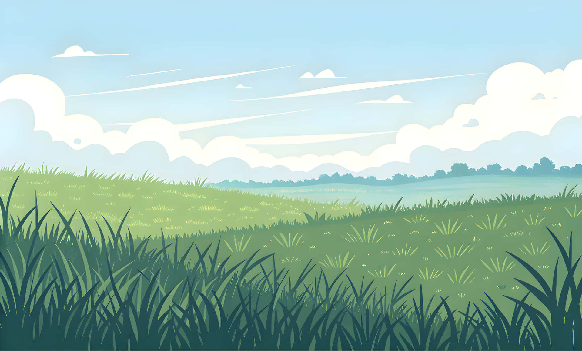 Landscape art wallpaper 壁紙 — 一片寧靜平坦的草地，在柔和的藍天下延伸，有蓬鬆的白雲和遠處的樹線。