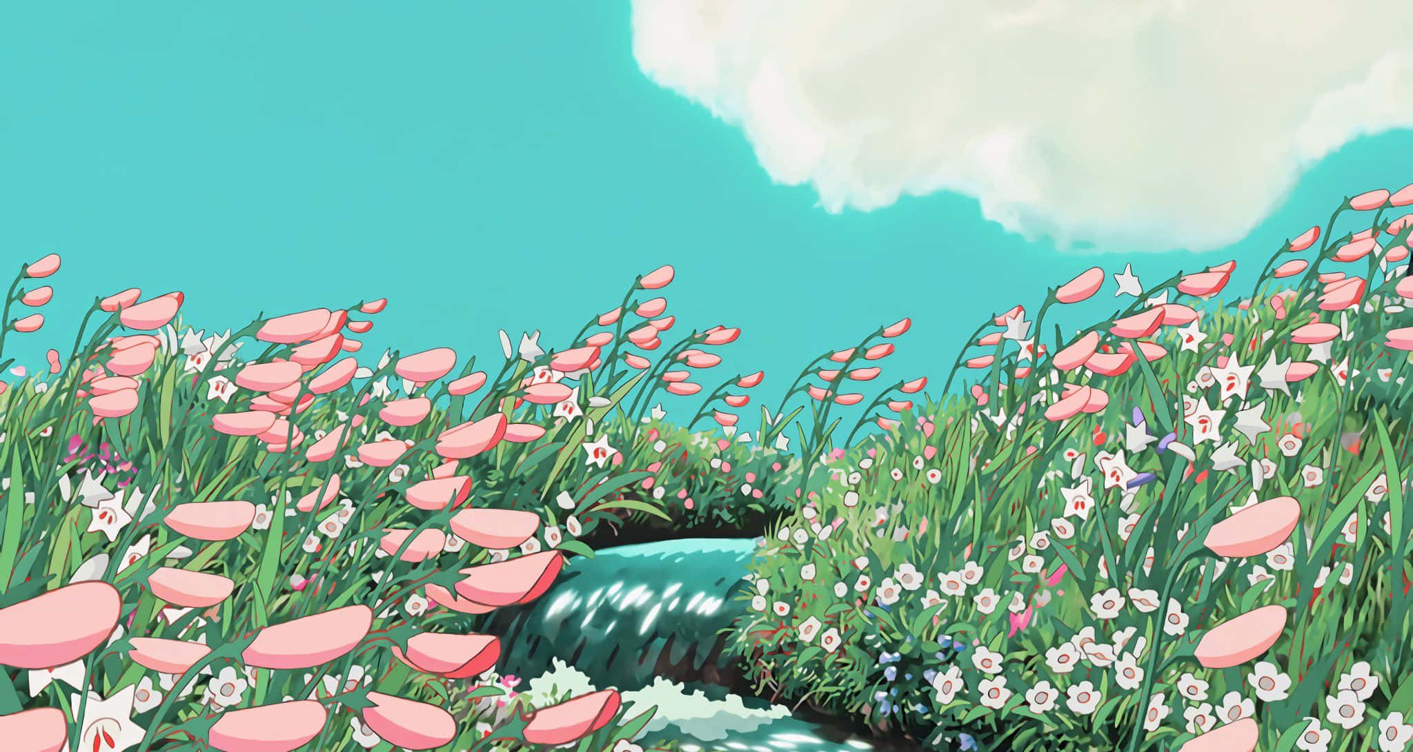 Aesthetic Ghibli 桌布 壁紙 — 一片寧靜的動漫風格粉白花田，蜿蜒小溪流經其間，上方是藍綠色天空，點綴著一朵蓬鬆的白雲。