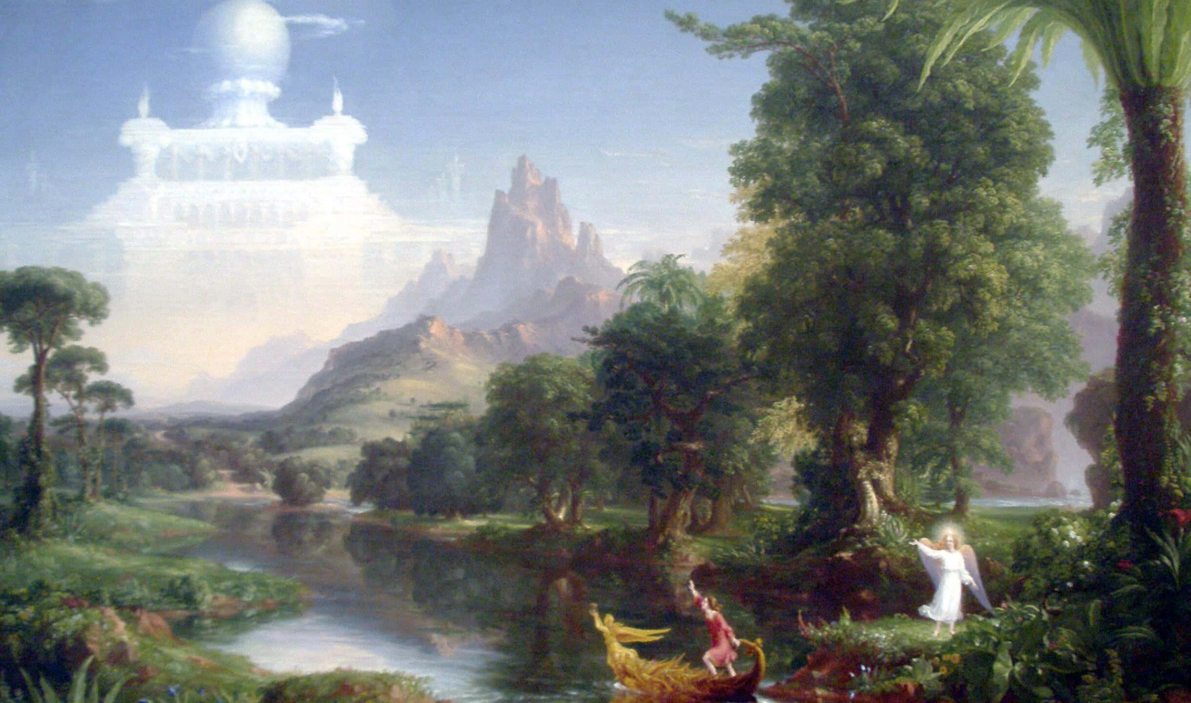Painting 桌布 壁紙 — 一片寧靜的奇幻風景，河流蜿蜒穿過茂密的綠植，流向遠山上一座發光的城堡。