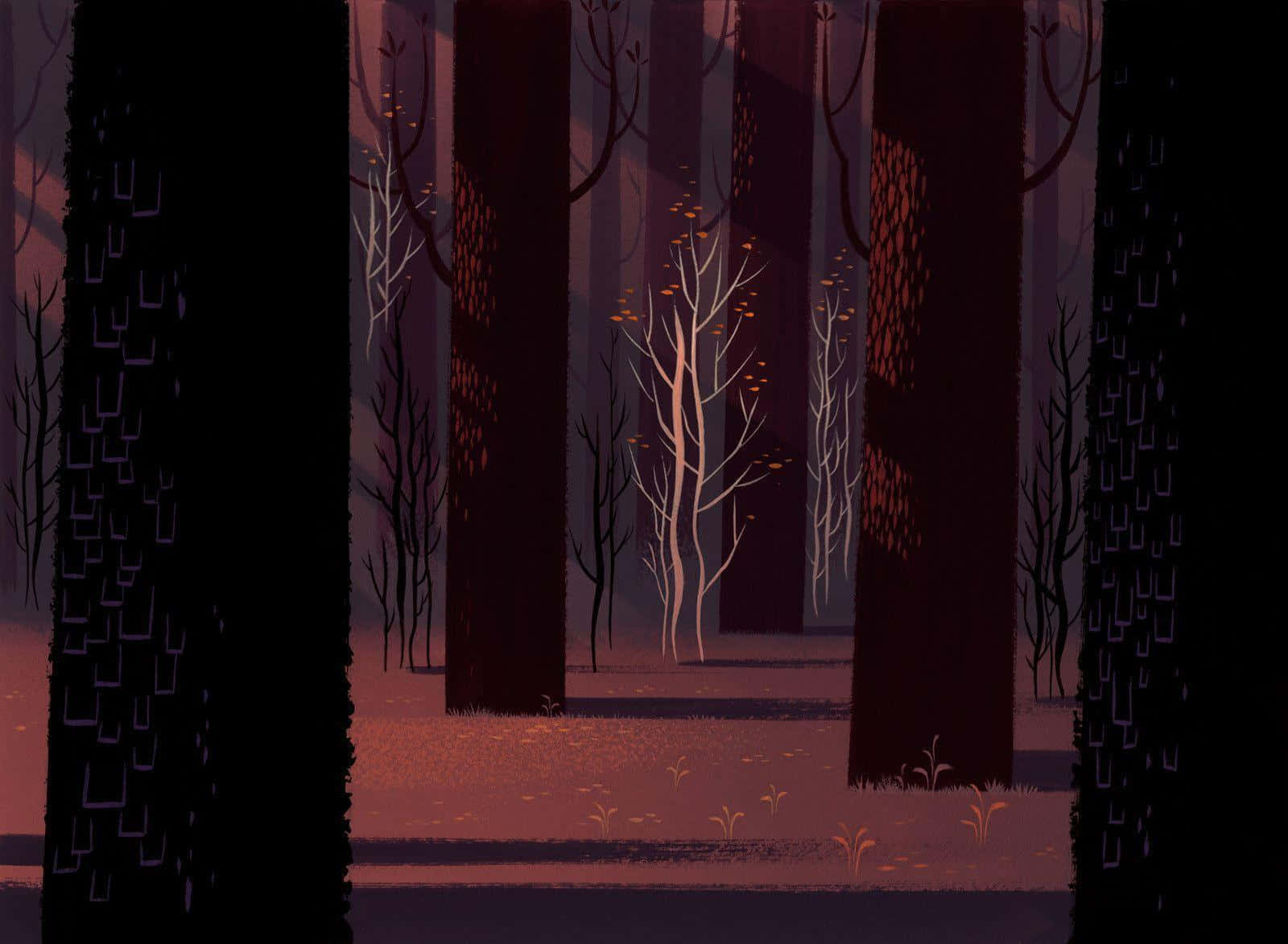 samurai jack 桌布 壁紙 — 一片寧靜的暮色森林，高大的深色樹木和光禿禿的樹枝上閃爍著橙色的葉子，投下長長的影子。
