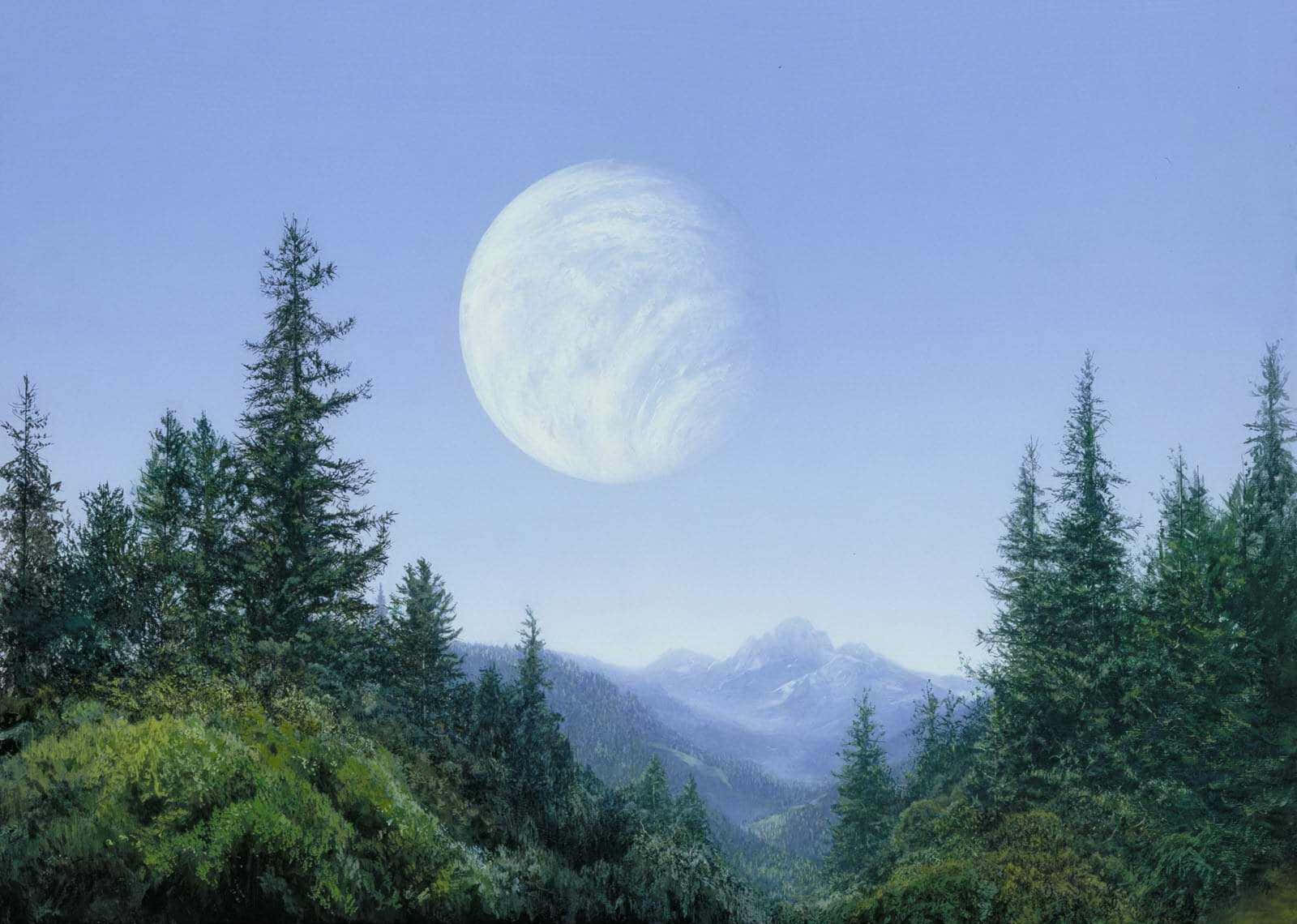 Endor 桌布 壁紙 — 一片寧靜的森林，高大的常綠樹木襯托著遠處白雪覆蓋的山脈，廣闊的天空中懸掛著一輪巨大而旋轉的月亮。