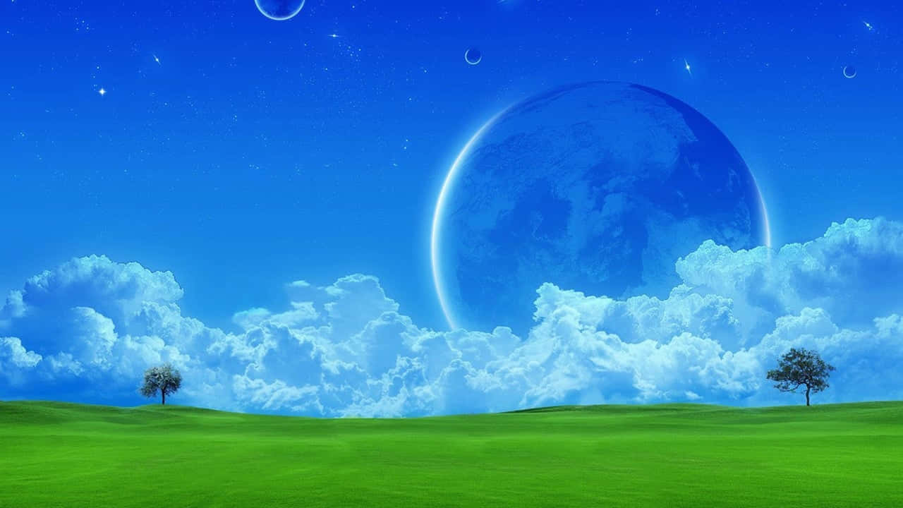 Planets 桌布 壁紙 — 一片寧靜的綠色田野，廣闊的藍天下有蓬鬆的雲朵和一顆巨大的發光行星懸掛在上方。