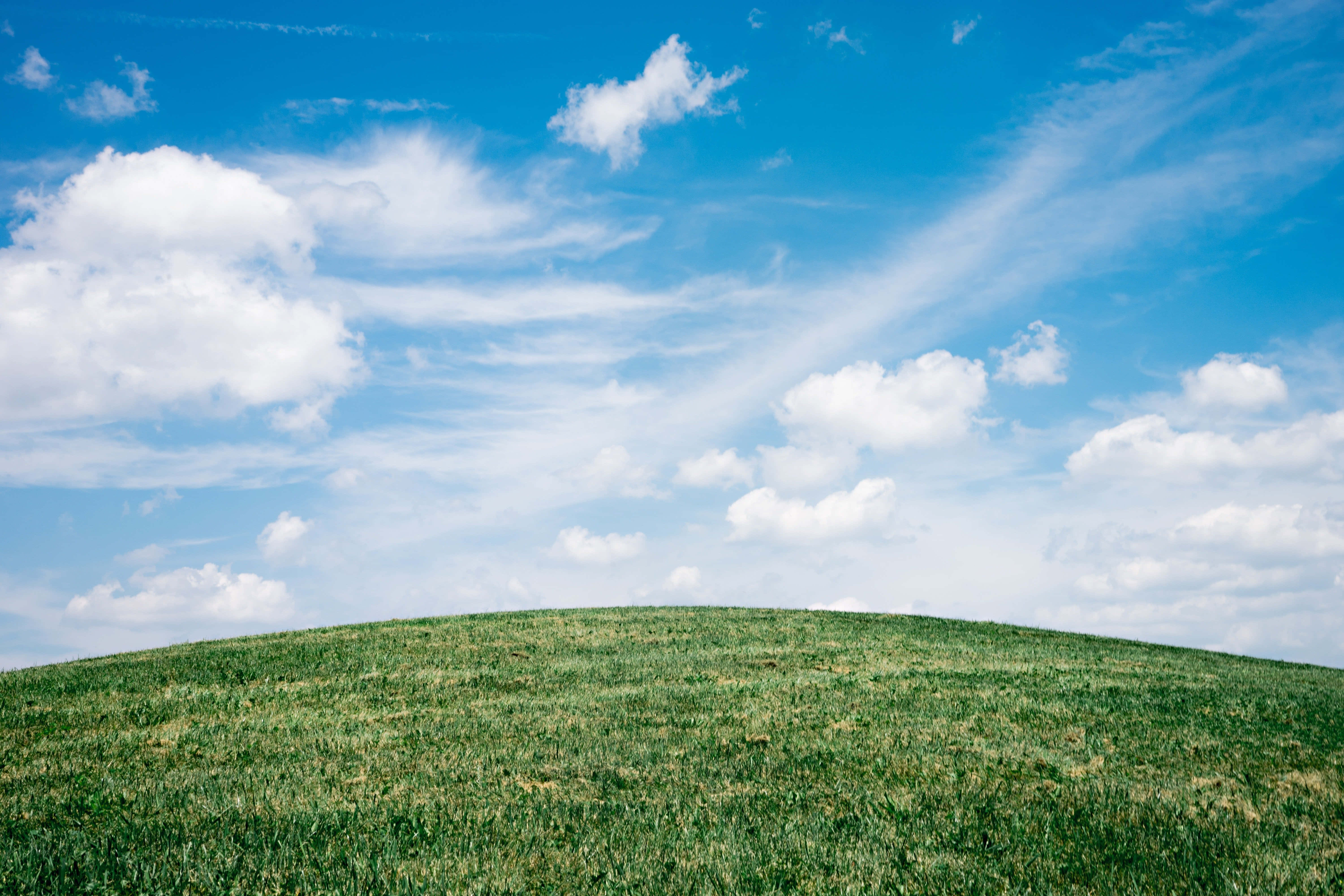 Grass And Sky 桌布 壁紙 — 一片寧靜的草地丘陵在廣闊的藍天下蜿蜒，點綴著蓬鬆的白雲。