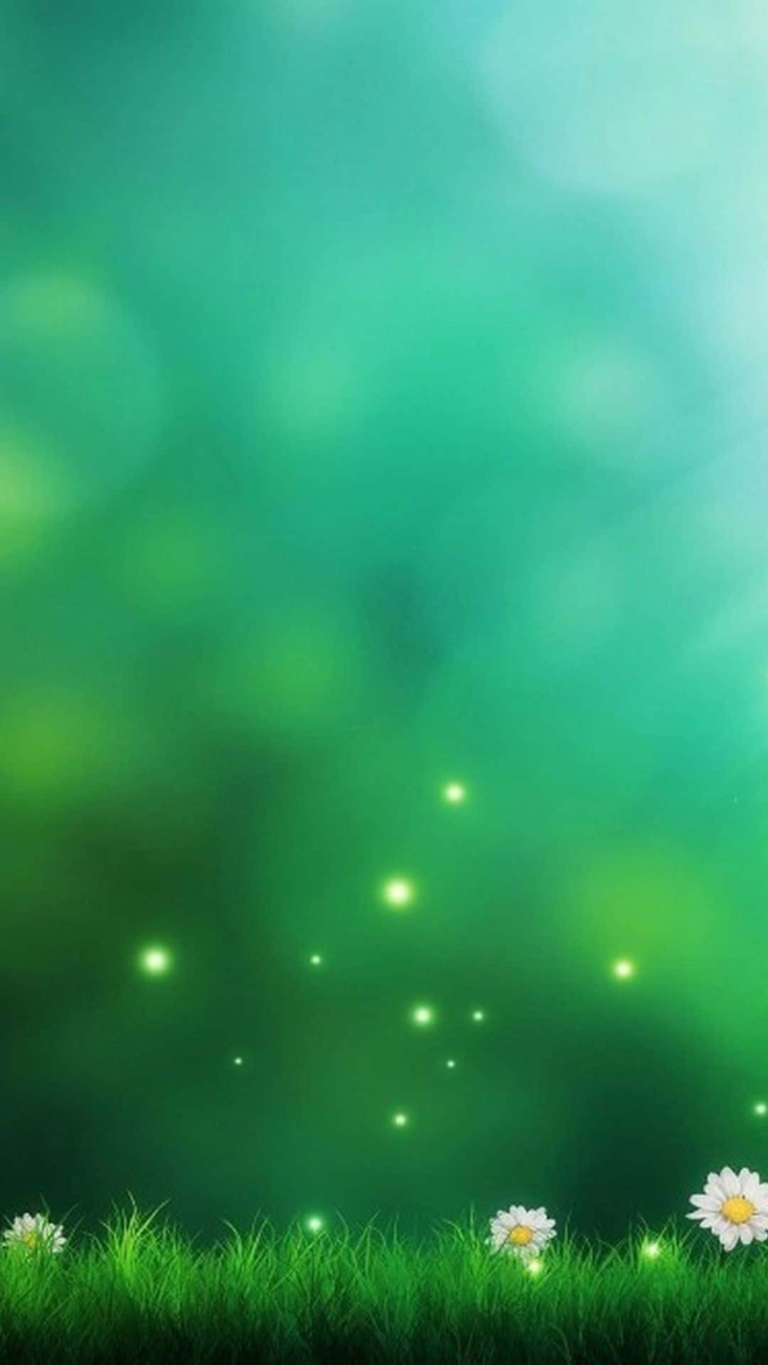 翡翠綠 桌布 壁紙 — 一片寧靜的鮮綠色草地，白色雛菊在夢幻般的藍綠色天空下柔和地發光。