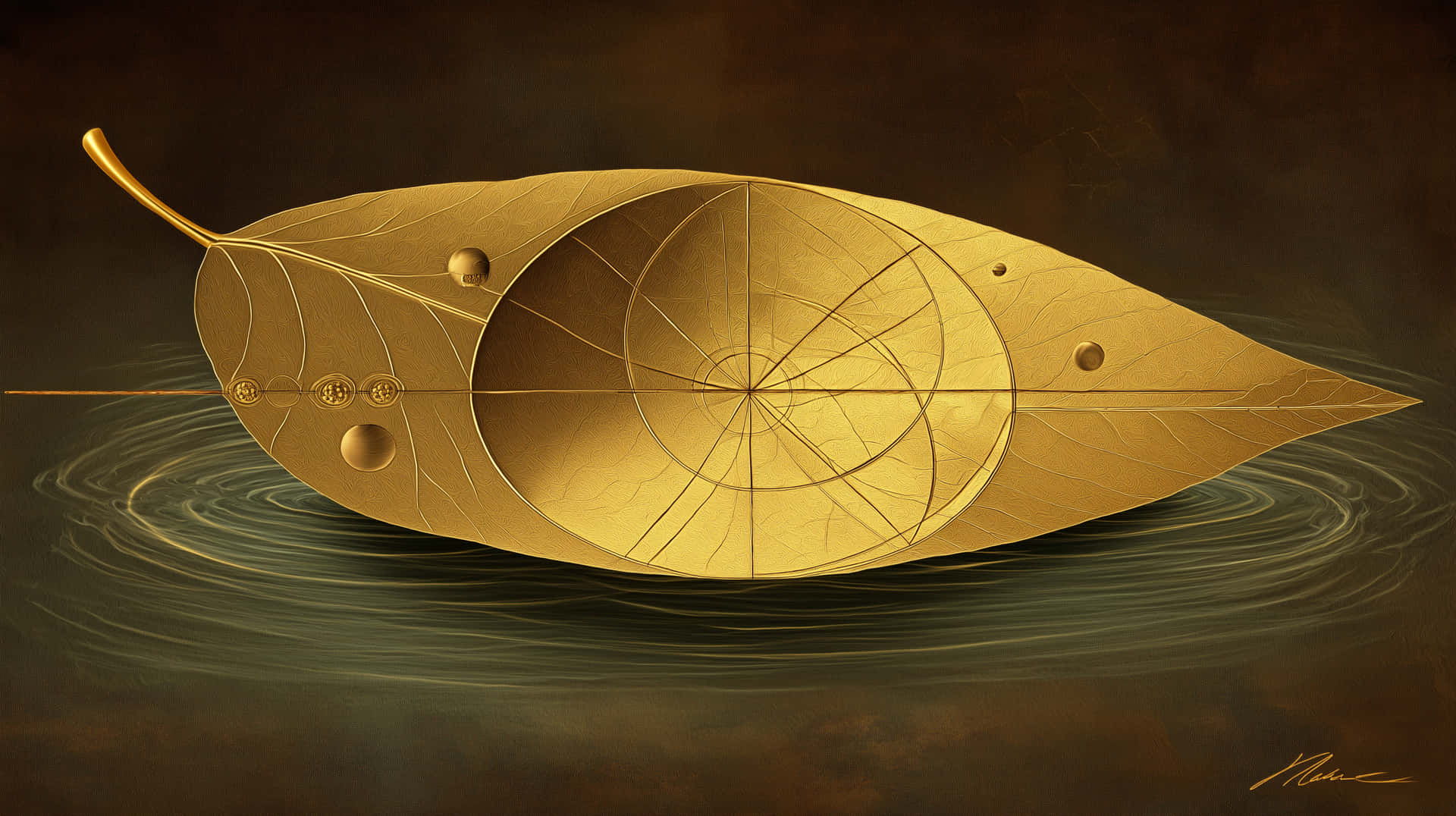 Cosmic Golden Leaf with Golden Ratio Swirls on Water 壁紙 — 一片帶有幾何圖案的金色葉子靜靜地漂浮在深色水面上，在溫暖的環境光下泛起輕柔的漣漪。