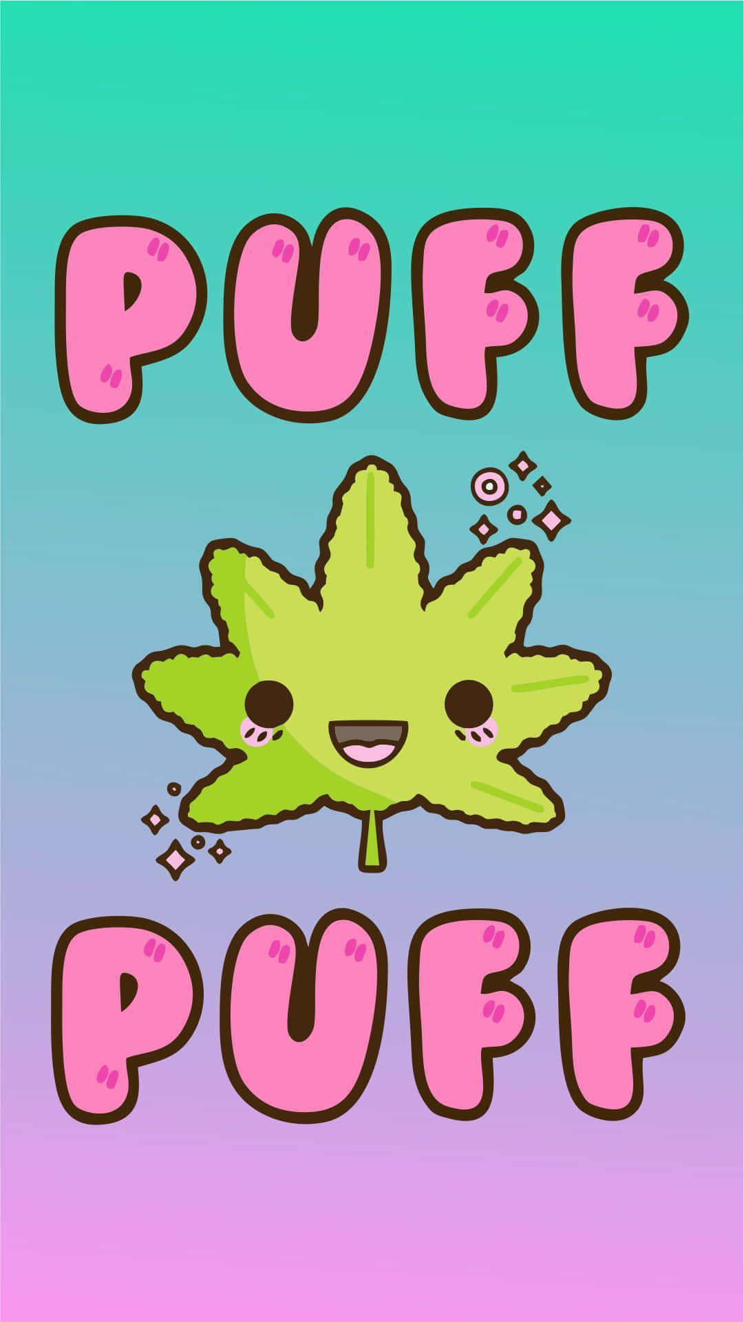 大麻 桌布 壁紙 — 一片帶有笑臉和閃光的卡通楓葉，在漸變背景上的粉紅色文字之間漂浮。