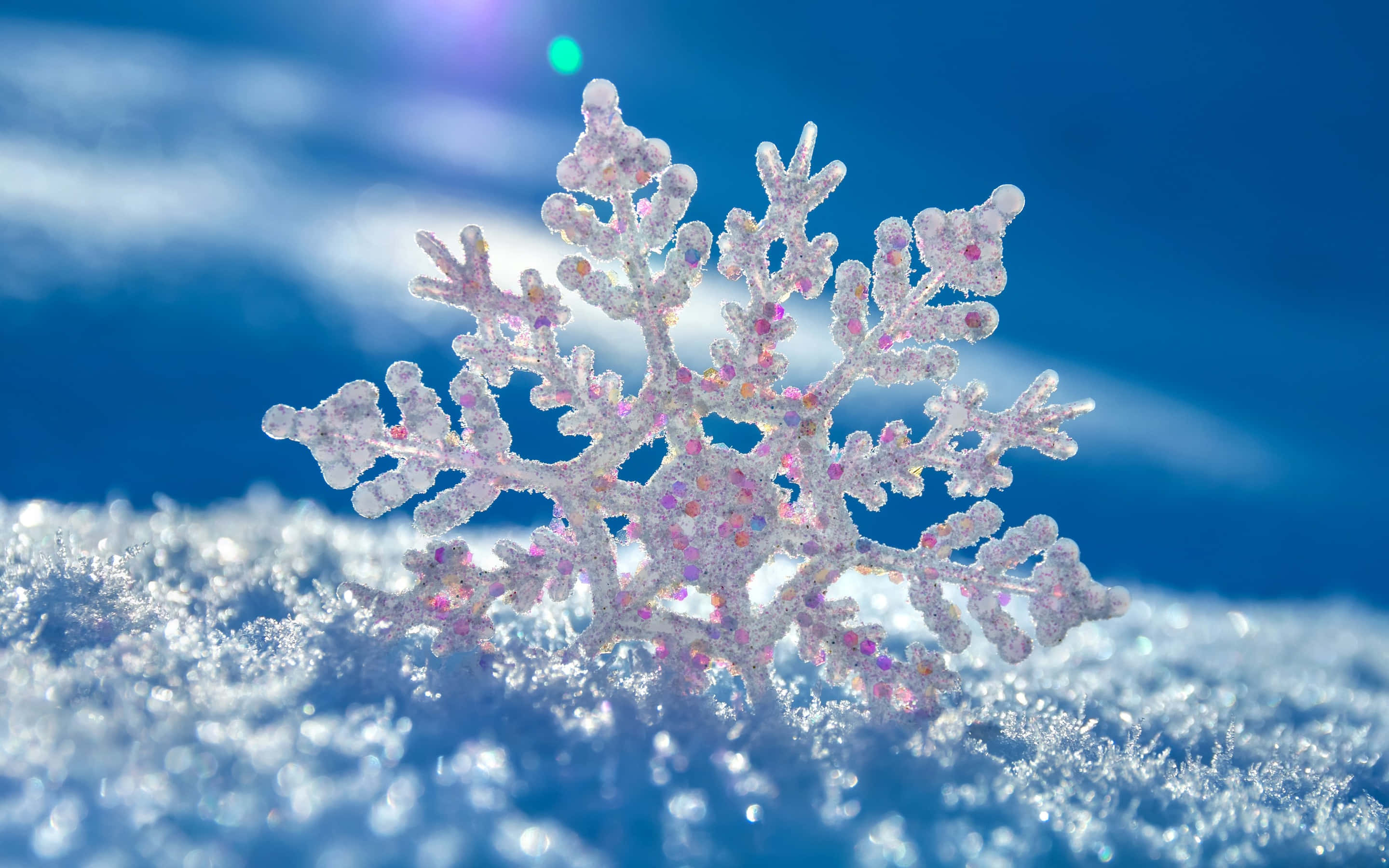 雪花 桌布 壁紙 — 一片帶有粉紅色斑點的閃爍雪花，躺在雪地上，背景是鮮豔的藍天。