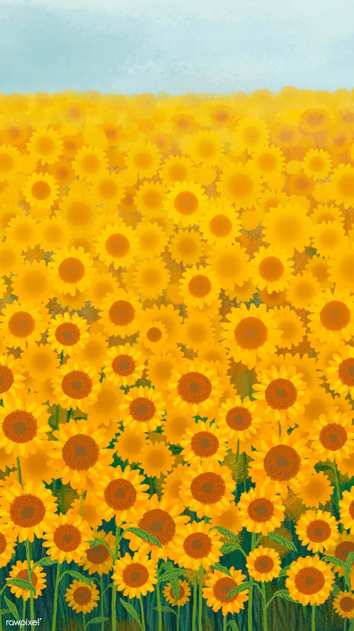 Sunflower Phone 桌布 壁紙 — 一片廣闊的亮黃色向日葵田在柔和藍天下伸展，帶有輕柔的筆觸。
