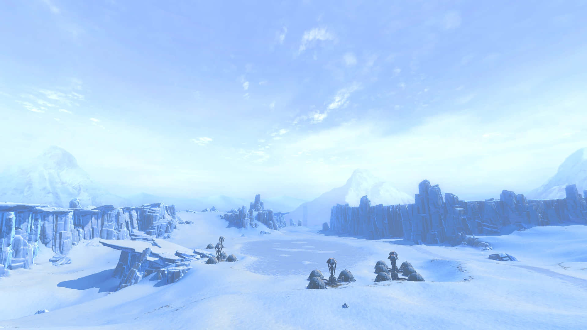 Battle Of Hoth 桌布 壁紙 — 一片廣闊的冰凍荒地，有參差不齊的冰層和白雪覆蓋的山峰，在淡藍色的天空下。