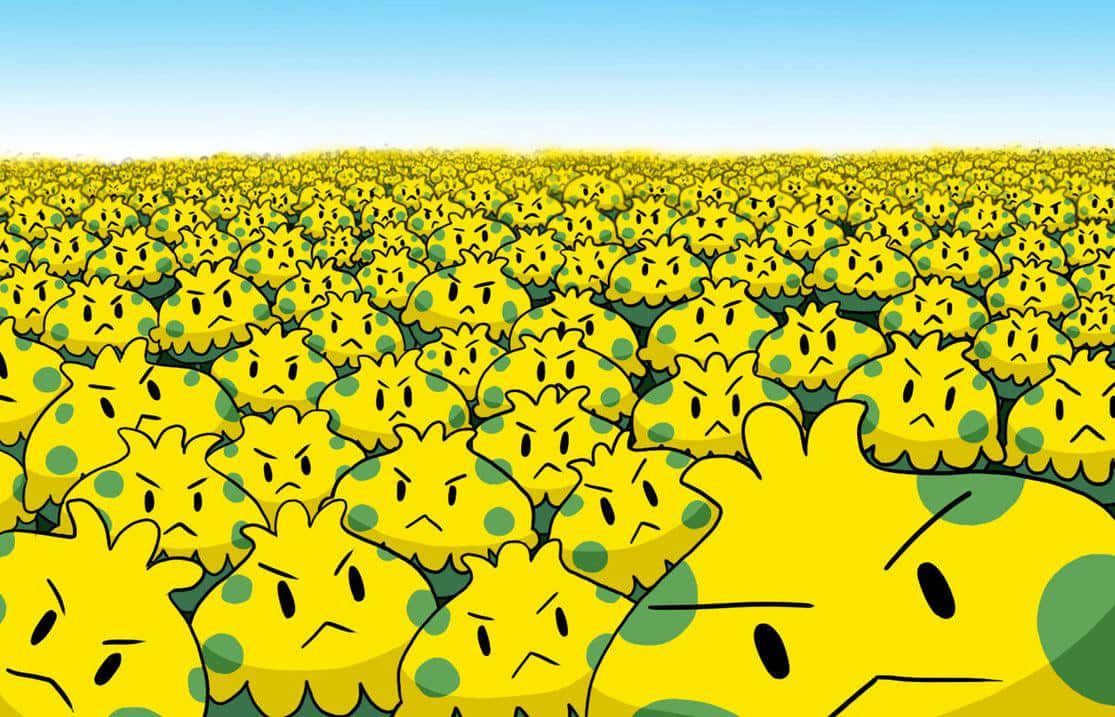 angry face 桌布 壁紙 — 一片廣闊的田野，充滿了相同的黃色卡通生物，帶有綠色斑點和憤怒的表情，在清澈的藍天下。