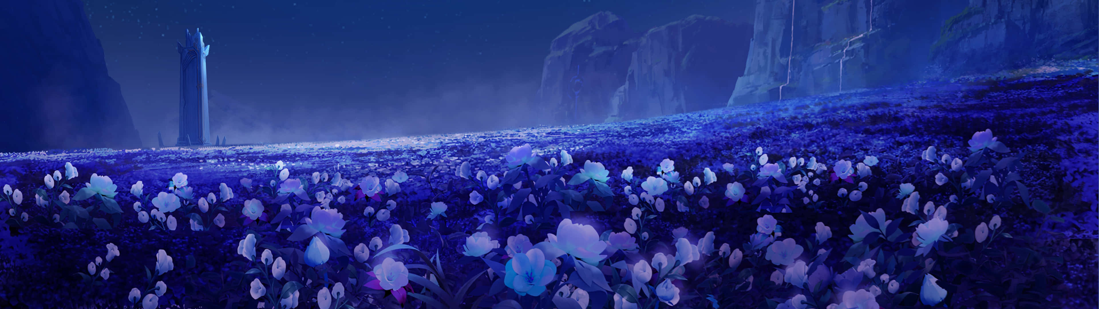 3840 X 1080 Anime HD 桌布 壁紙 — 一片廣闊的發光紫色和白色花朵田野在星空下延伸，遠處有高聳的懸崖和一座神秘的塔。