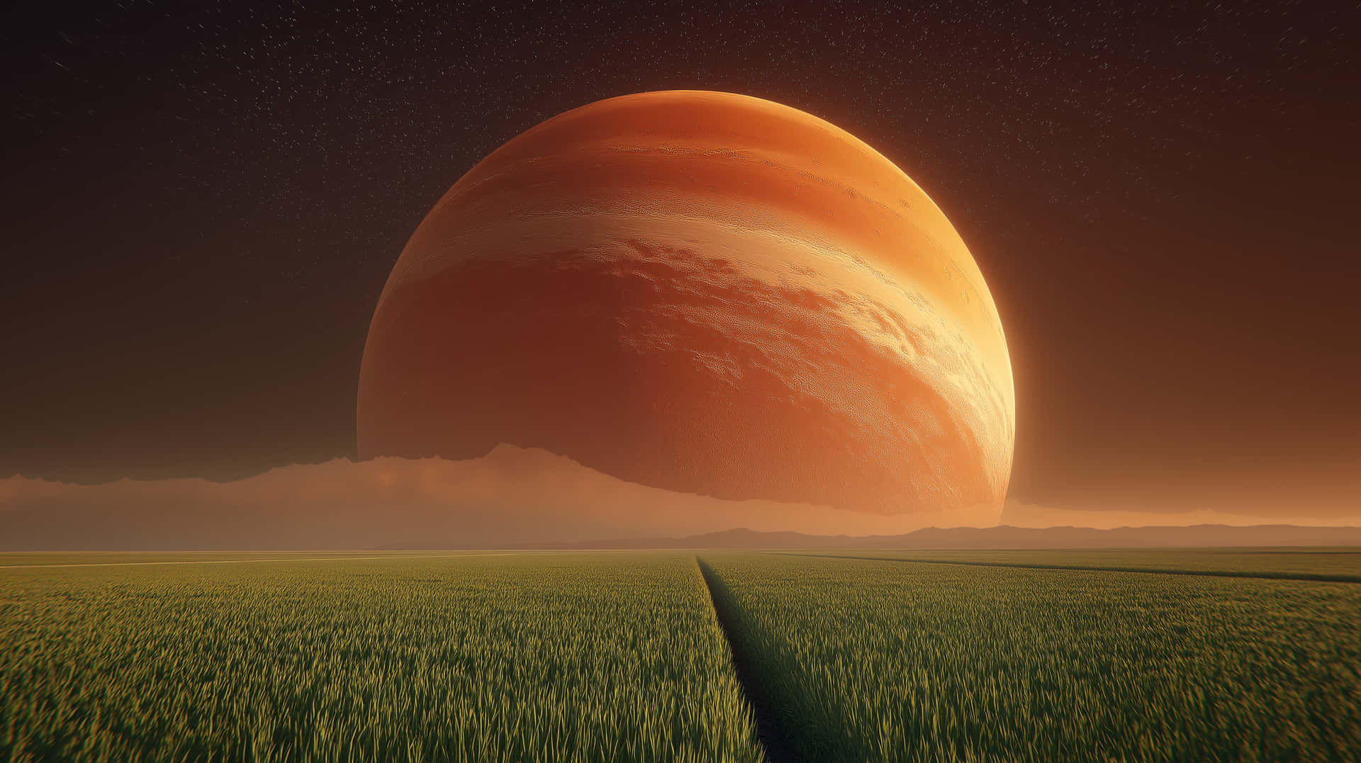 Giant Alien Planet Rising Over Golden Wheat Field Landscape 壁紙 — 一片廣闊的綠色田野延伸向一顆巨大的橙色行星，主宰著暮色天空。