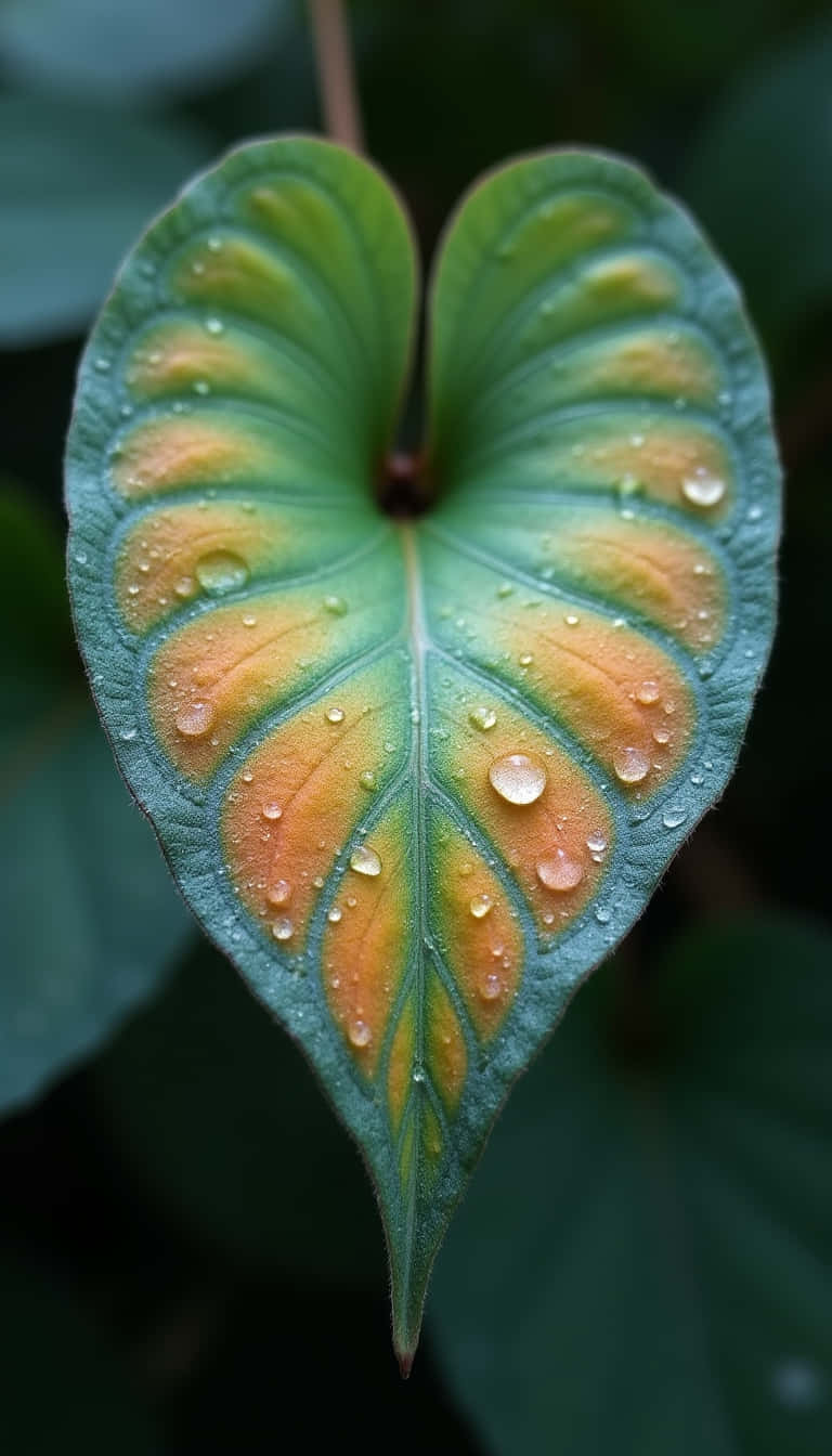 花卉 桌布 壁紙 — 一片心形葉子帶有綠色和橙色色調，在黑暗模糊的樹葉背景上閃爍著露珠。