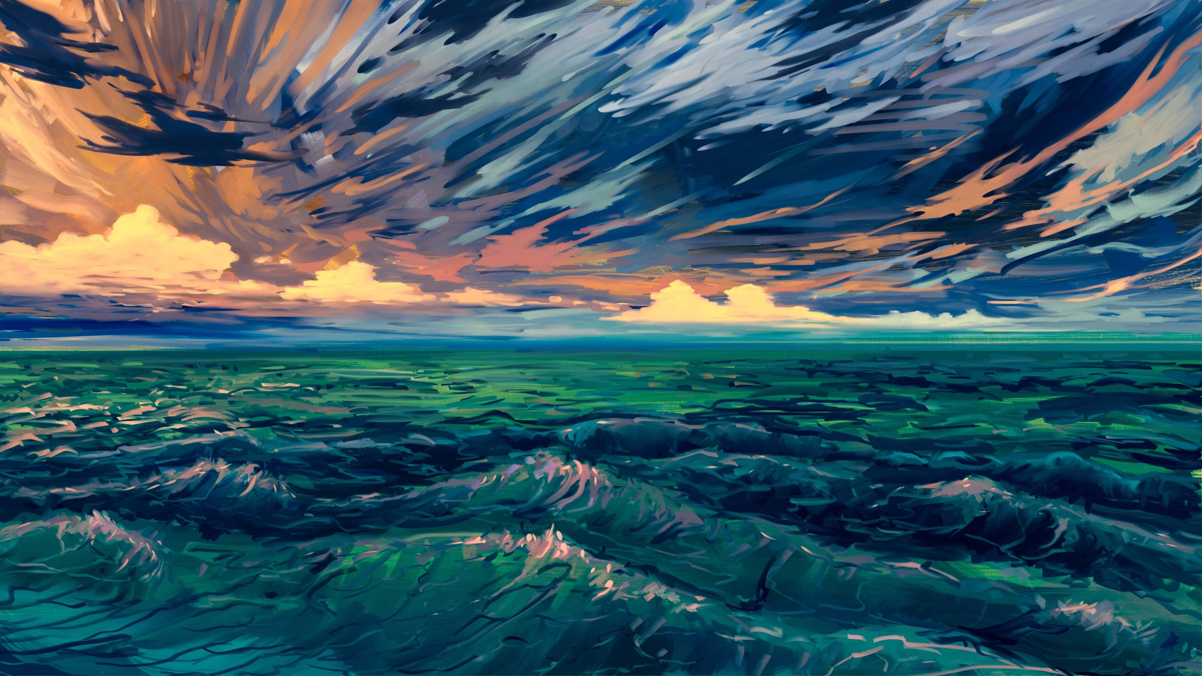 Fine Arts 桌布 壁紙 — 一片戲劇性的海洋，翻騰的綠色波浪在暴風雨的天空下，天空被塗上橙色和深藍色的條紋。